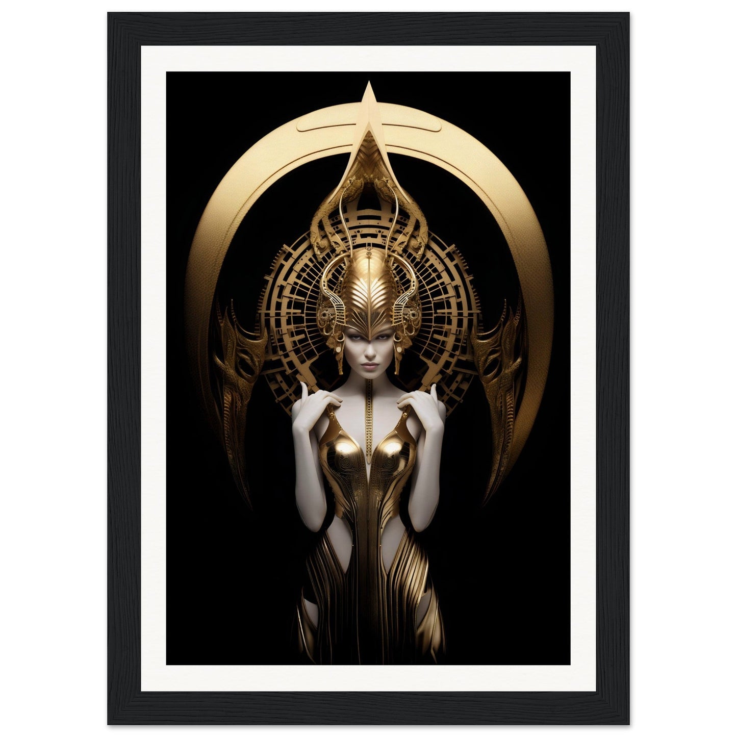 Ethereal female figure with an elaborate golden headdress and ornate metallic bodysuit.