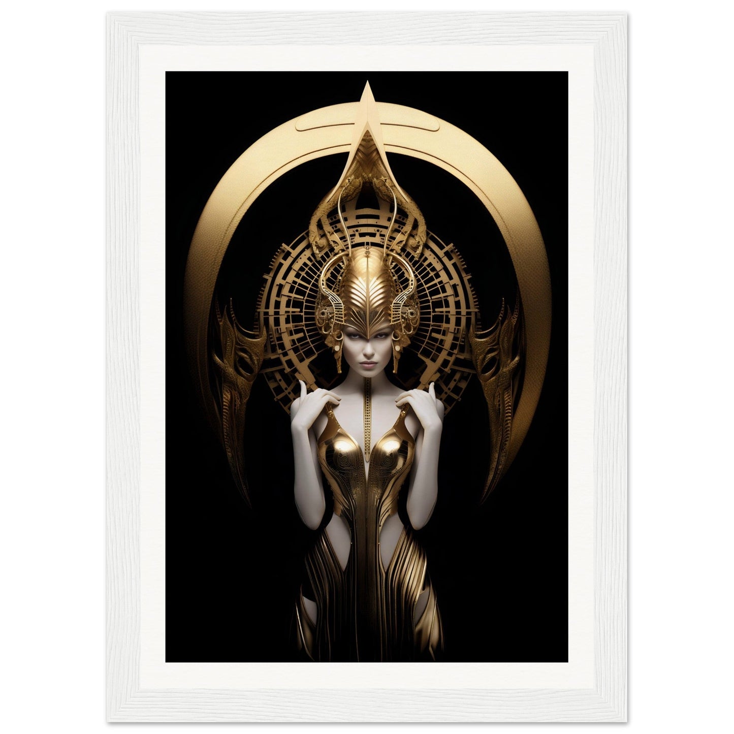 A regal figure in an ornate golden headdress and metallic bodysuit with an ethereal, otherworldly presence.