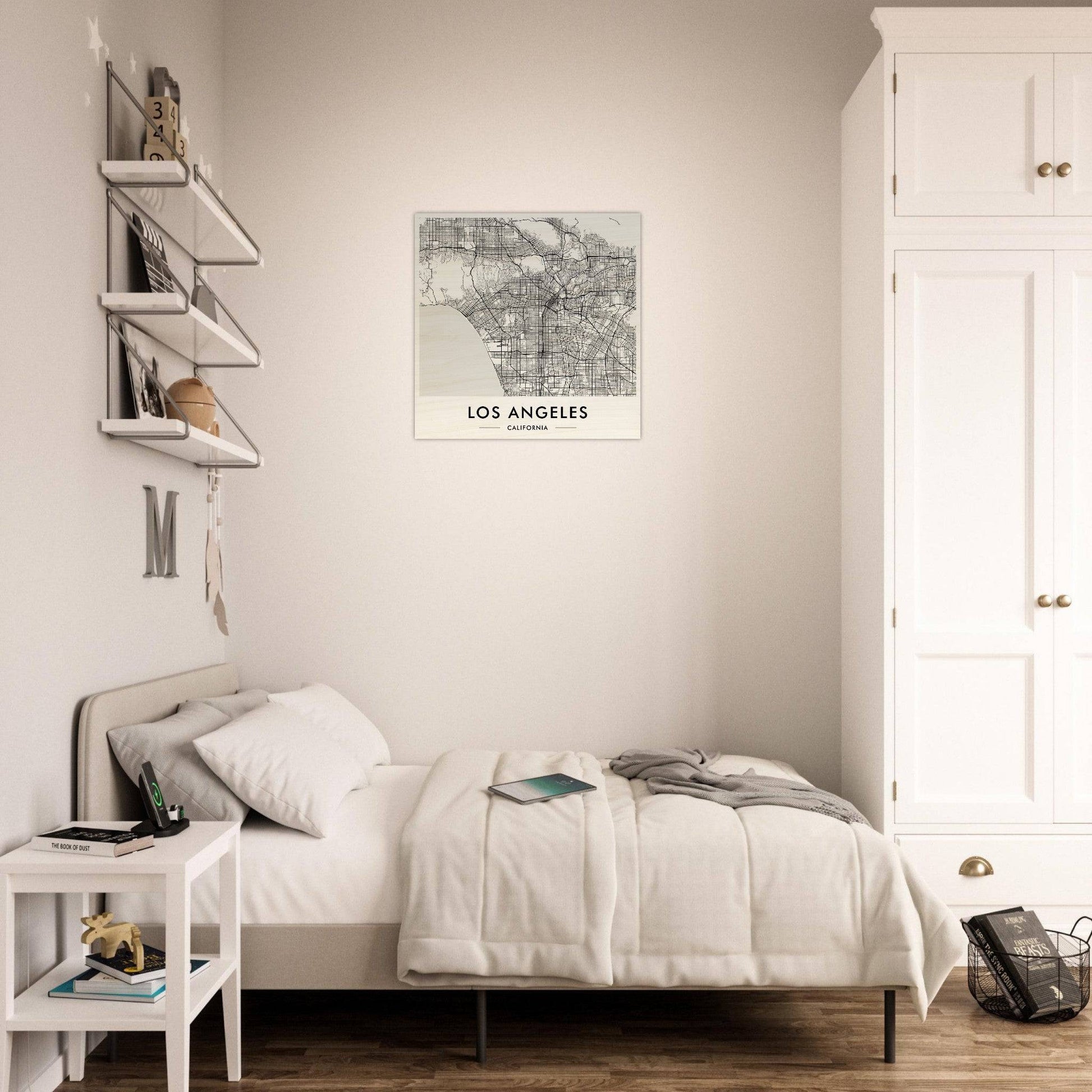 Single bed with white bedding in a minimalist bedroom setting.