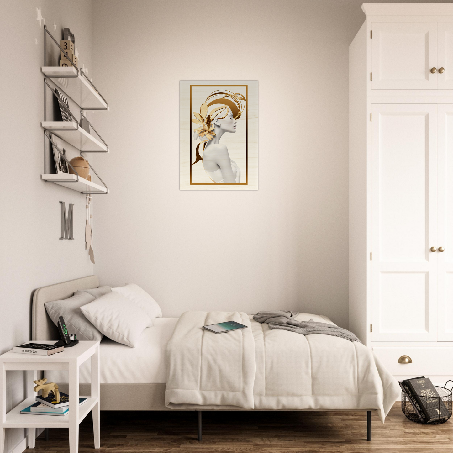 Single bed with white bedding and a metal frame.