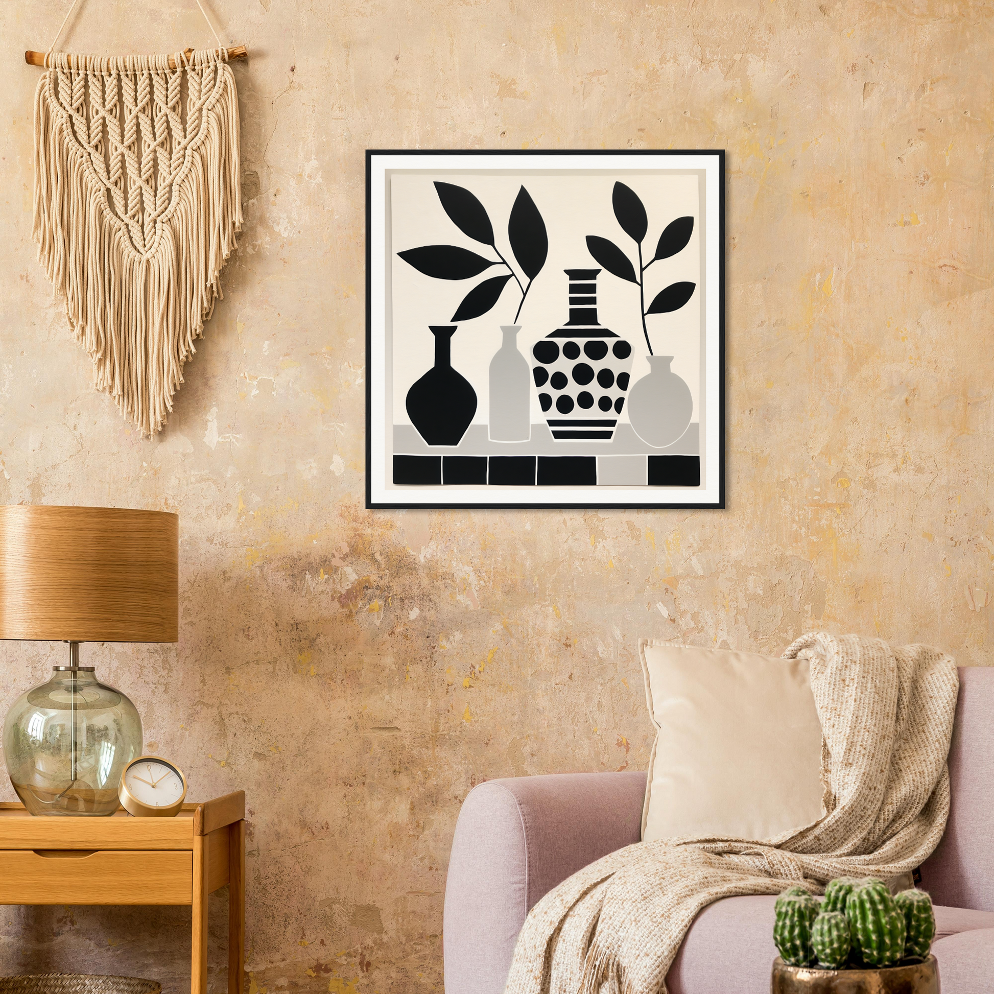 Stylish black and white graphic art print of vases for the Botanical Vessel Dreamscape