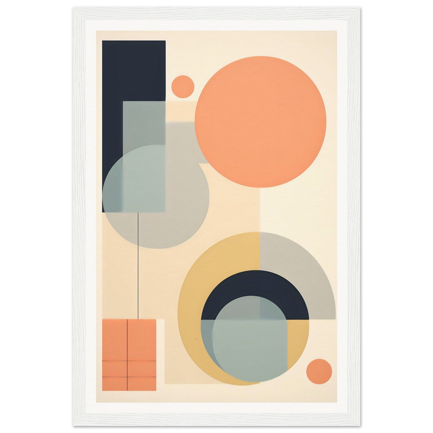 Abstract geometric artwork featuring circles, semicircles, and rectangles in muted pastel colors.