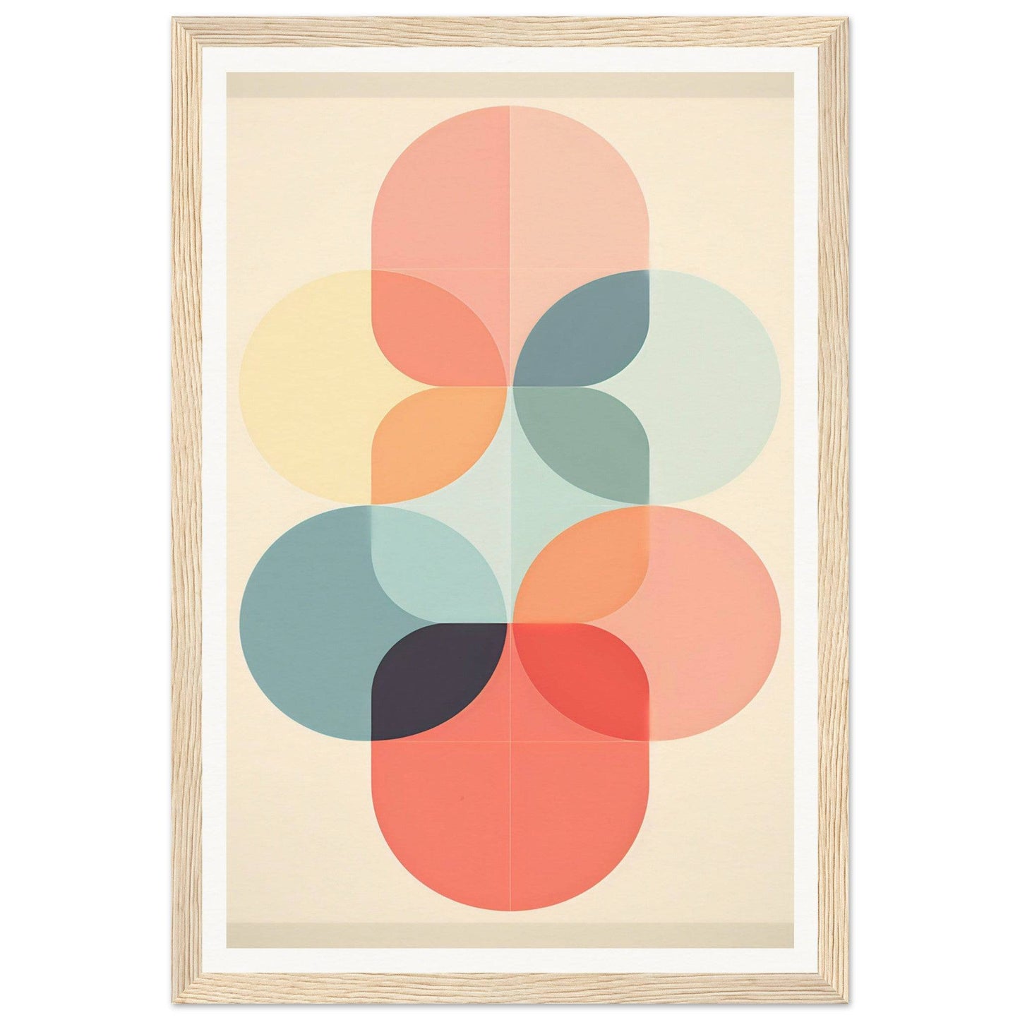 Abstract geometric artwork featuring overlapping circular shapes in pastel and muted colors.