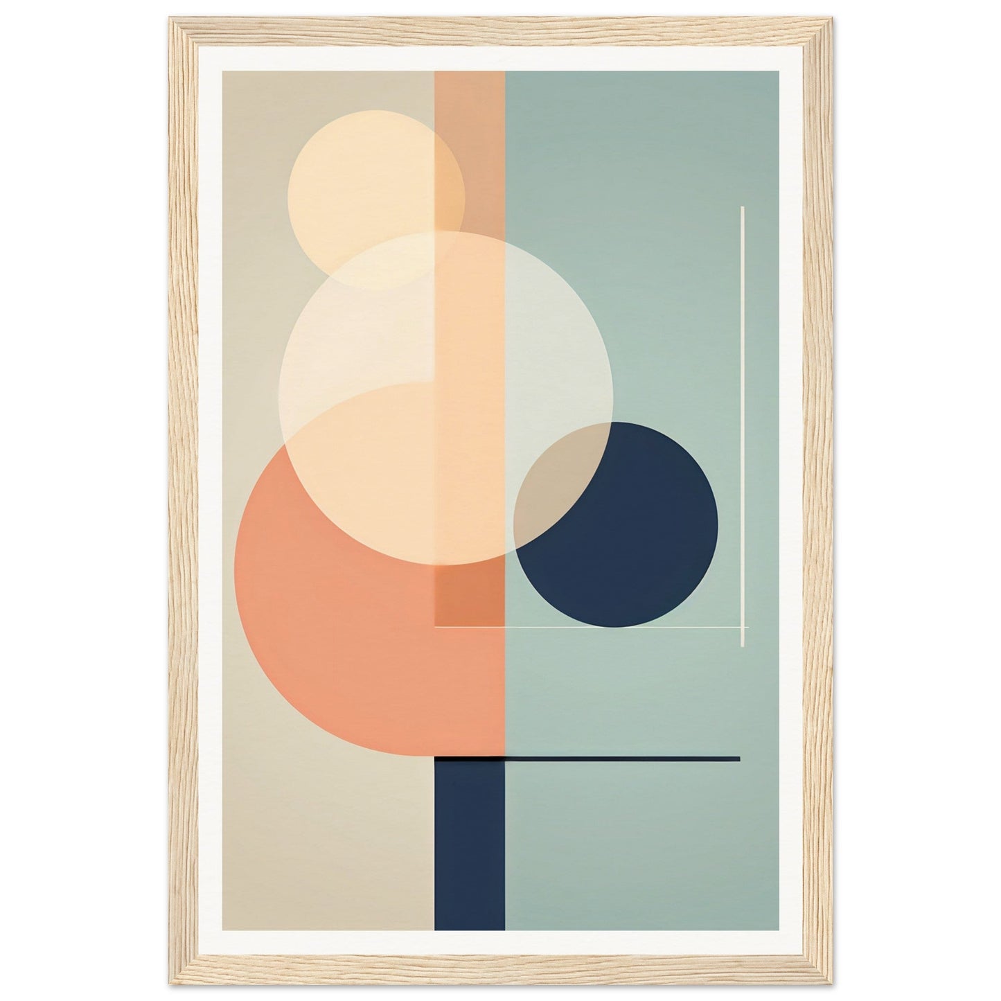 Abstract geometric artwork featuring overlapping circles and rectangles in muted pastel colors.