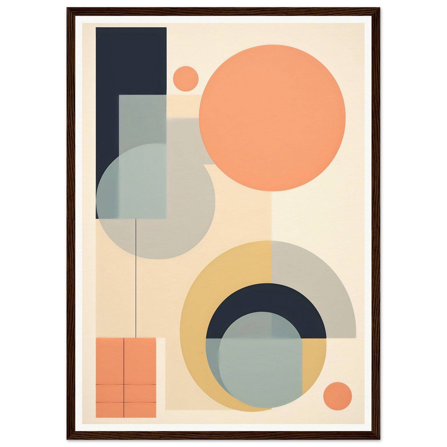 Abstract geometric artwork featuring overlapping circles, semicircles, and rectangles in muted pastel colors.