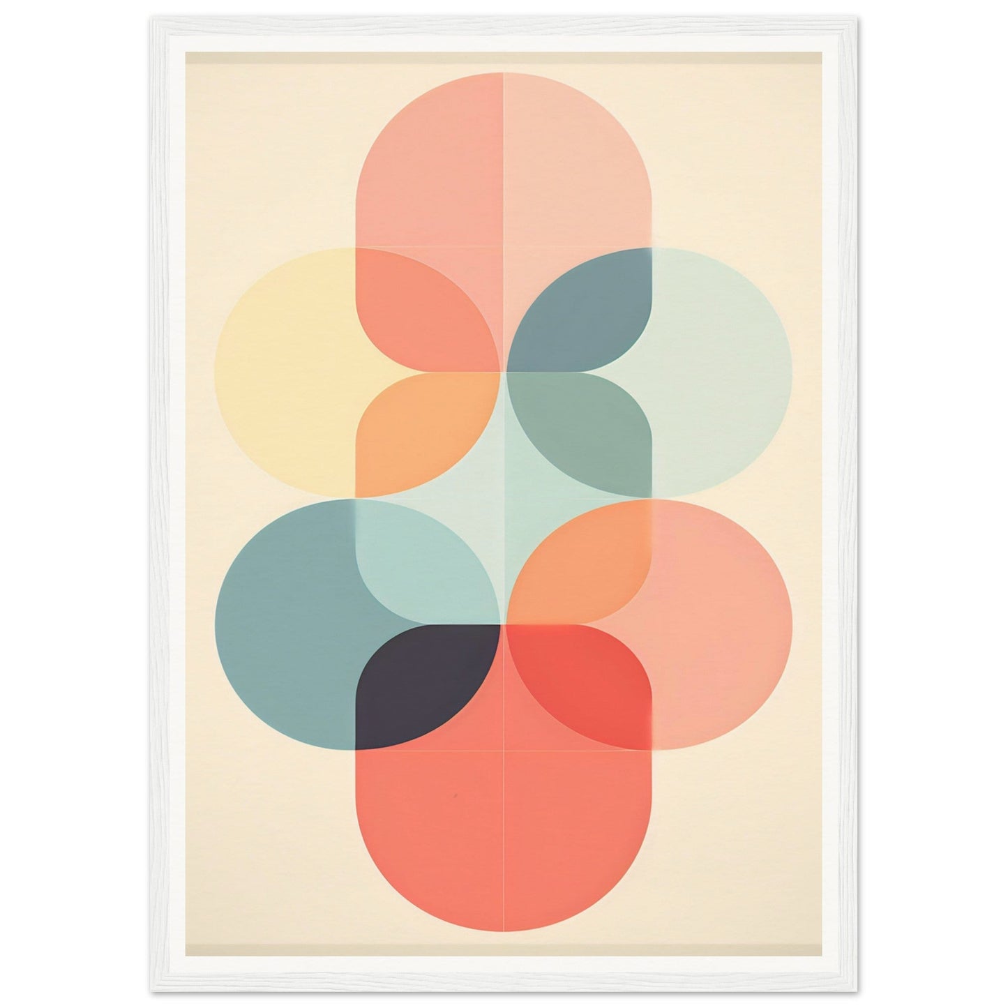 Abstract geometric composition of overlapping pastel-colored circles and curved shapes.