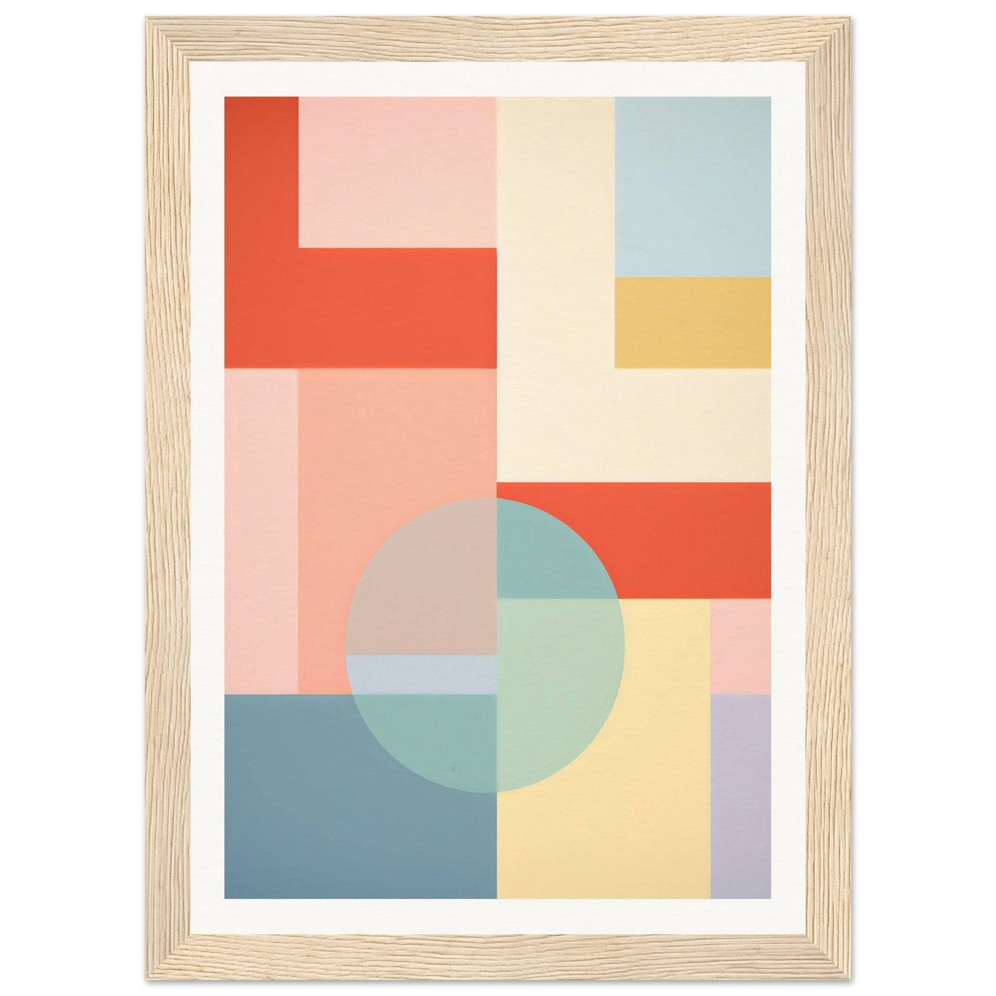 Abstract geometric artwork featuring colorful shapes and blocks in pastel and bold hues.