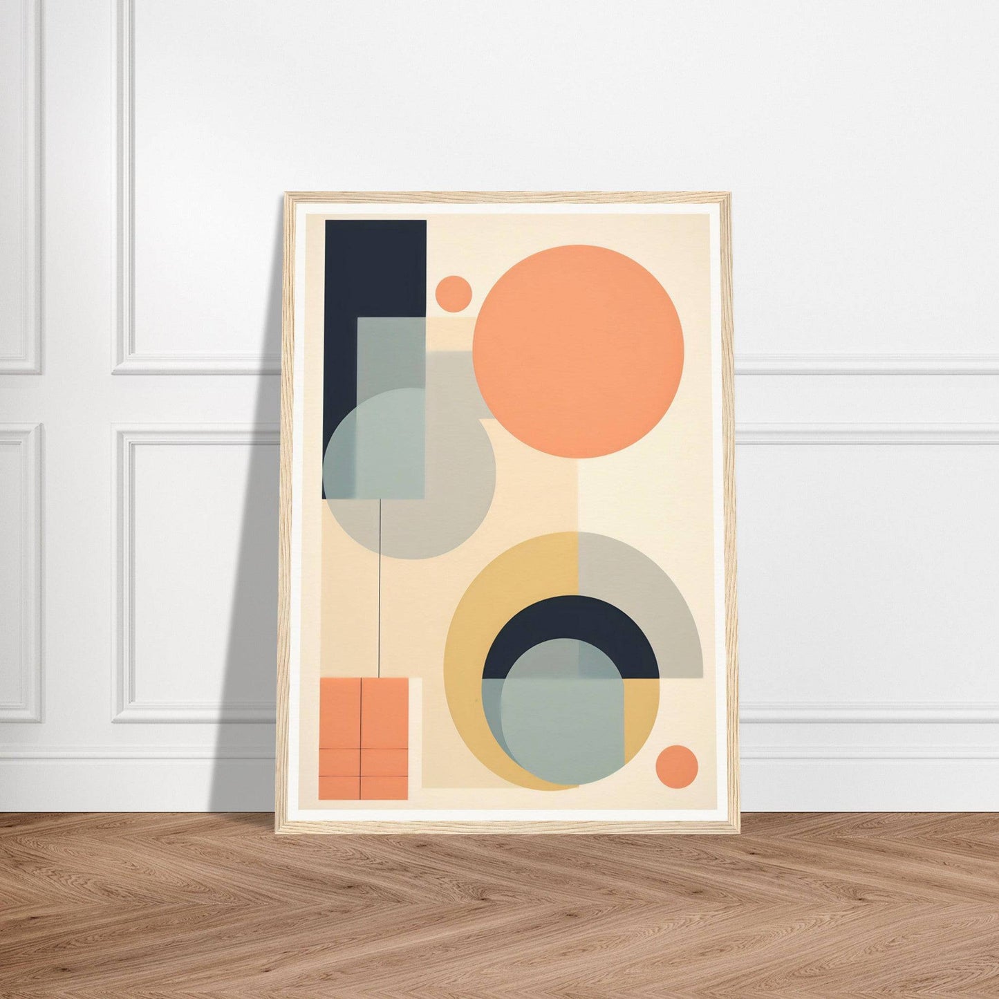 Abstract geometric art print featuring circles, semicircles, and rectangles in muted pastel colors.