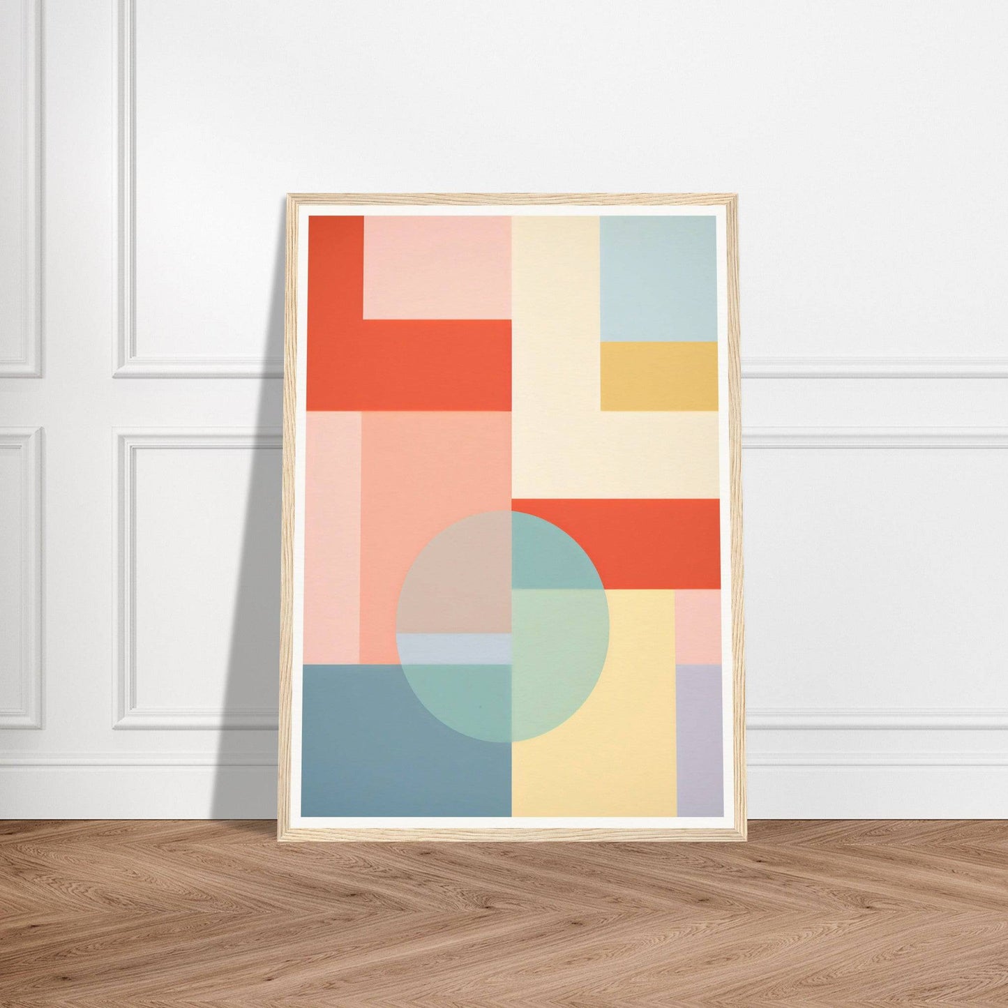 Framed abstract geometric art print featuring colorful shapes and blocks.