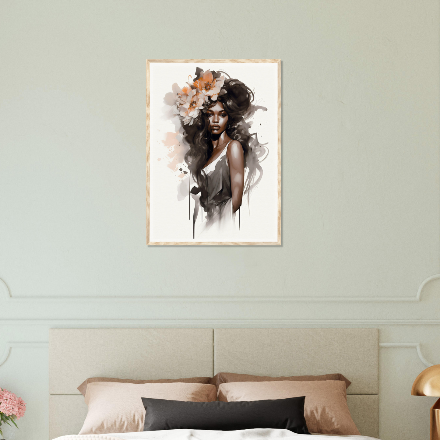 Artistic portrait of a woman with flowing hair and floral elements, rendered in a watercolor-like style.
