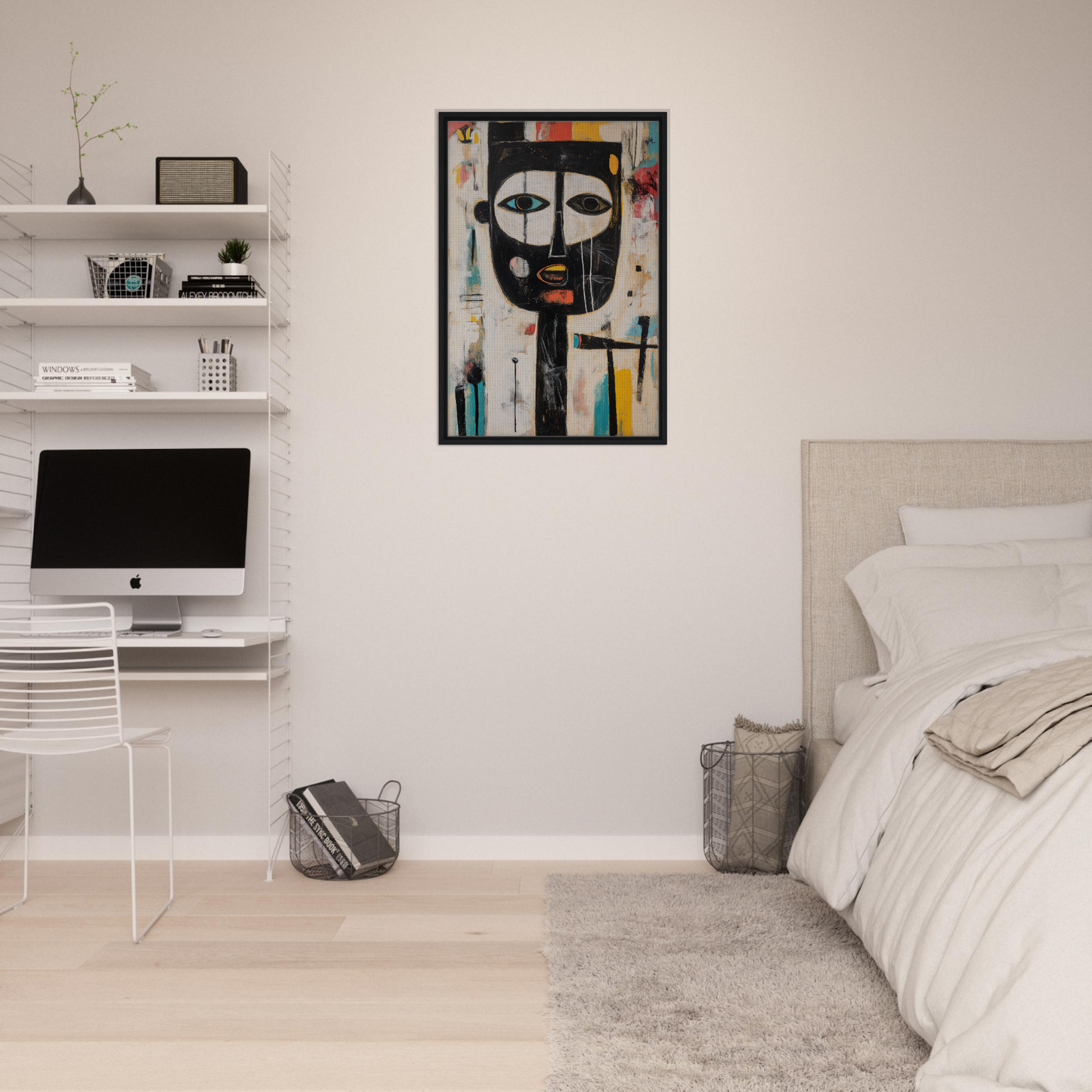 Modern bedroom featuring Brushstrokes Serenade framed canvas as minimalist room decor focal point