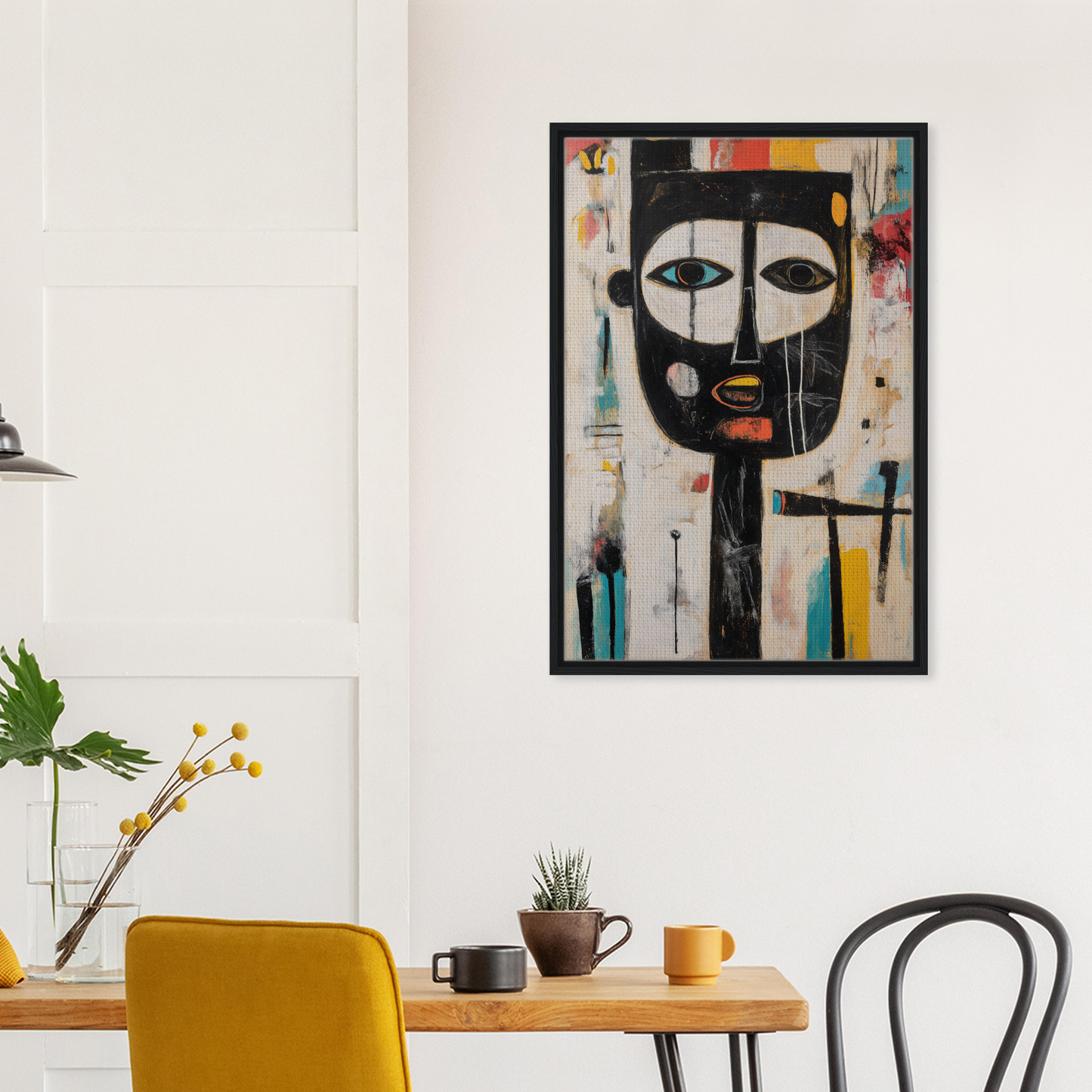 Abstract painting of a stylized face with geometric shapes in Brushstrokes Serenade framed canvas print