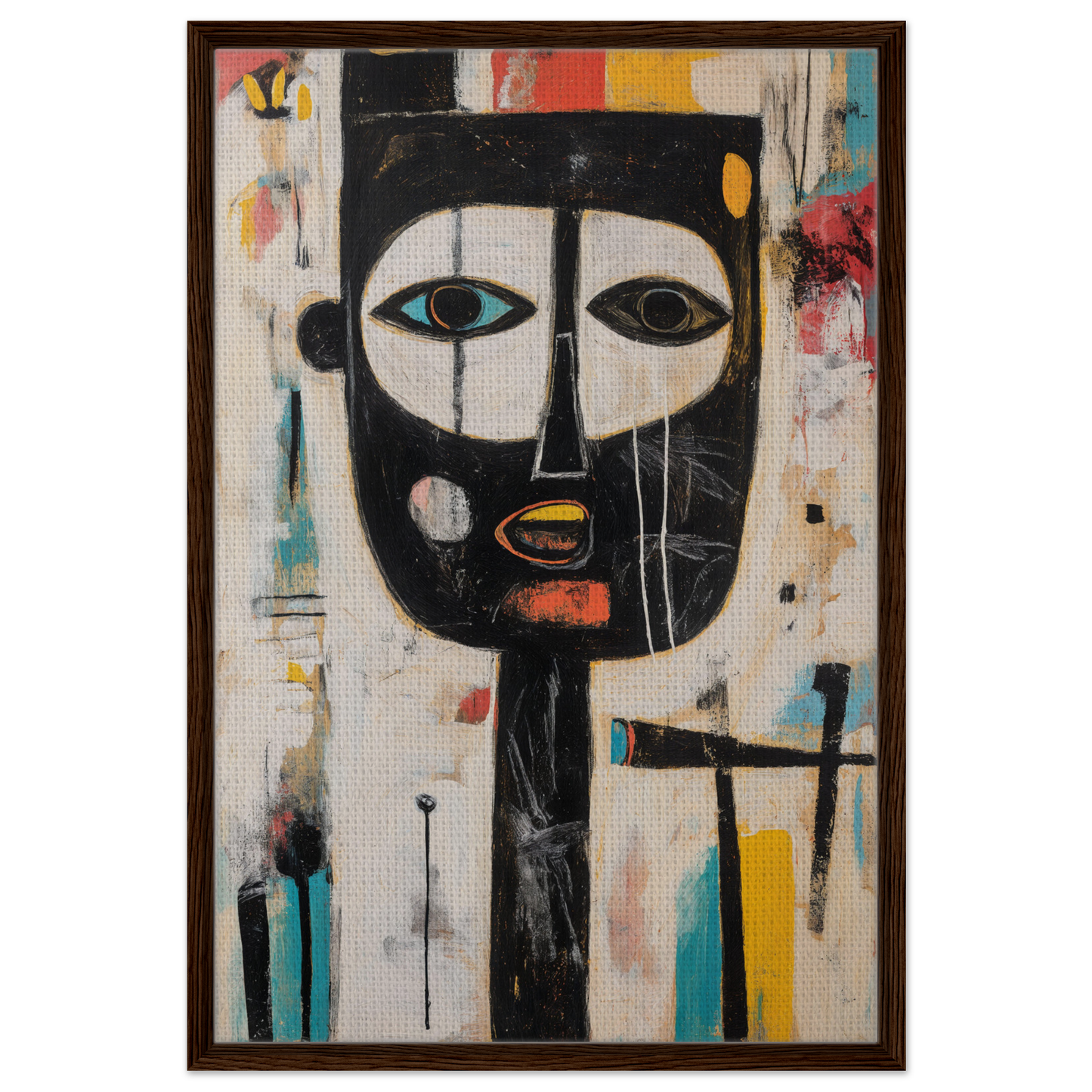 Stylized abstract face with bold outlines in Brushstrokes Serenade framed canvas decor