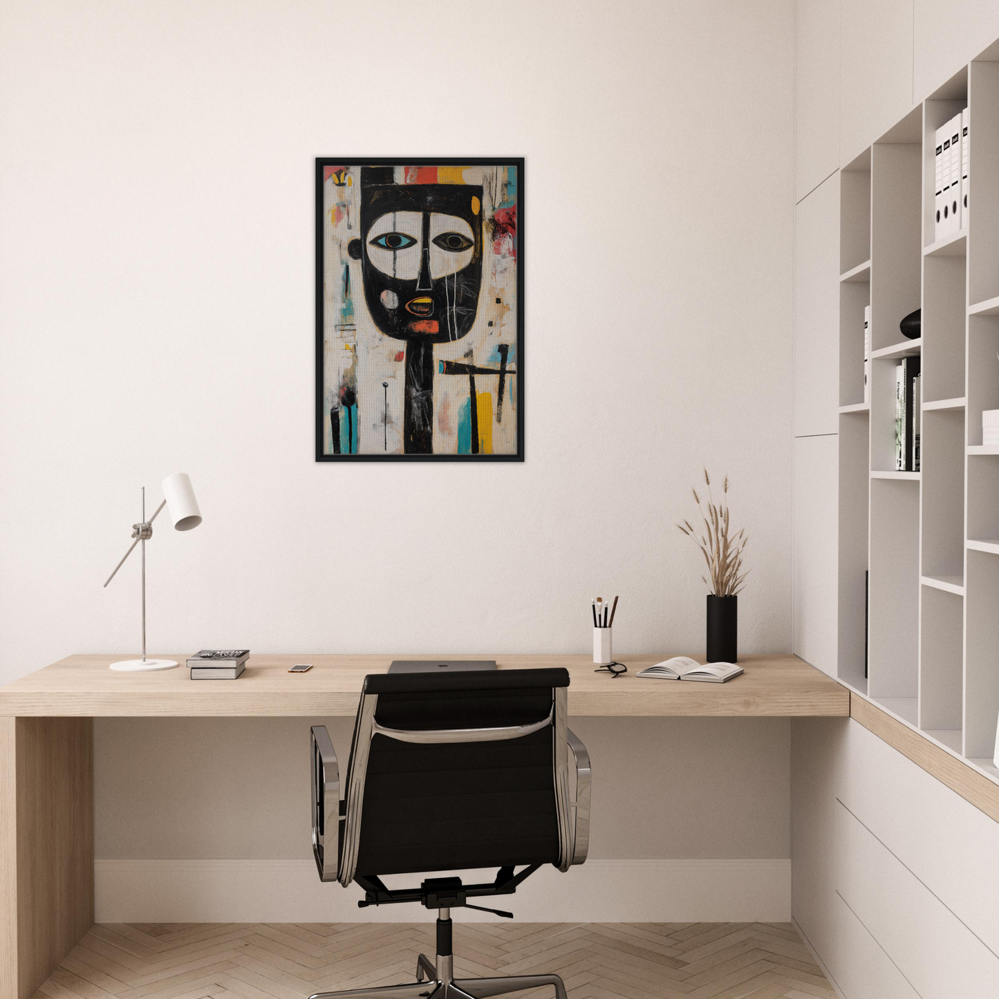 Minimalist home office featuring Brushstrokes Serenade framed canvas art