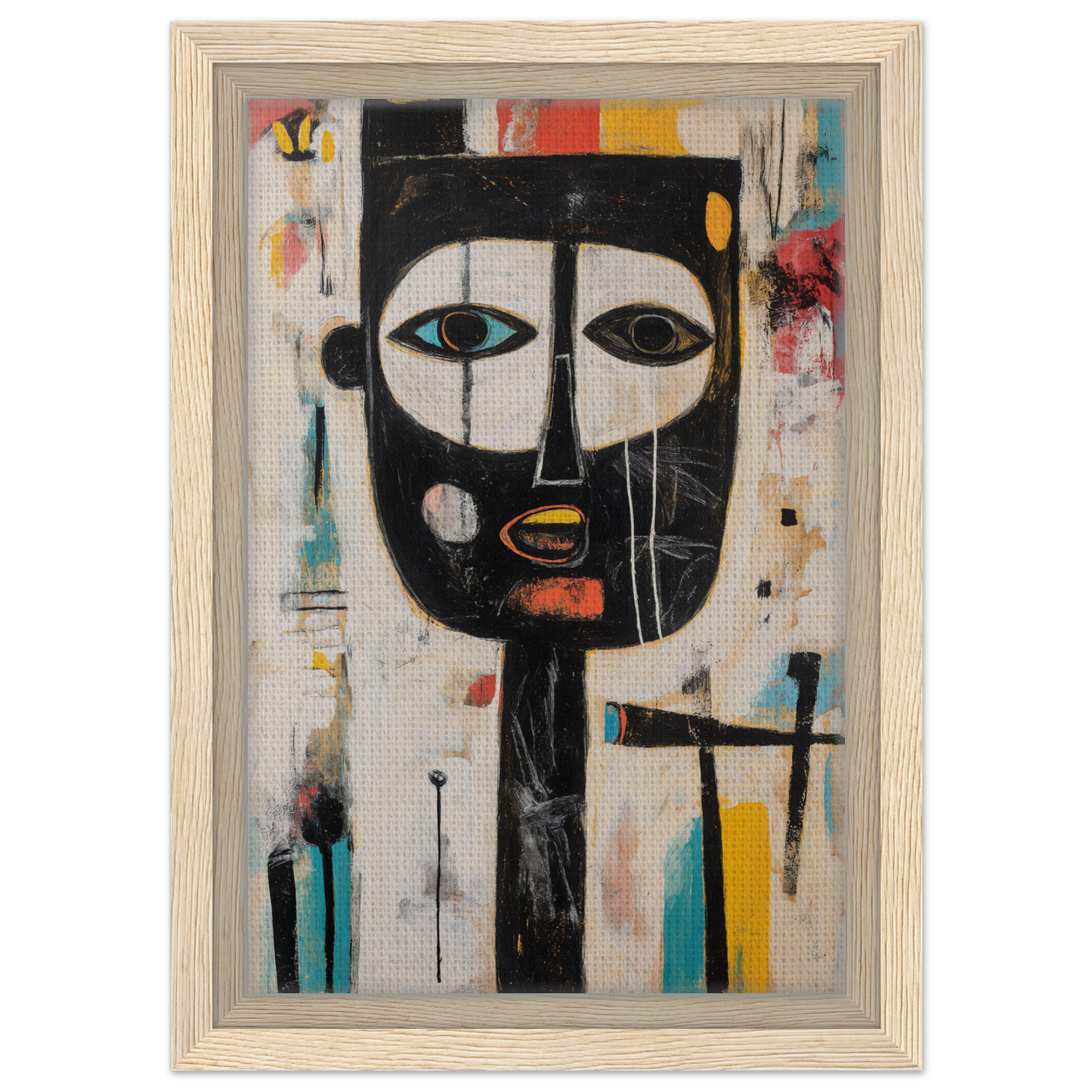 Abstract stylized face with bold outlines and colors on Brushstrokes Serenade framed canvas