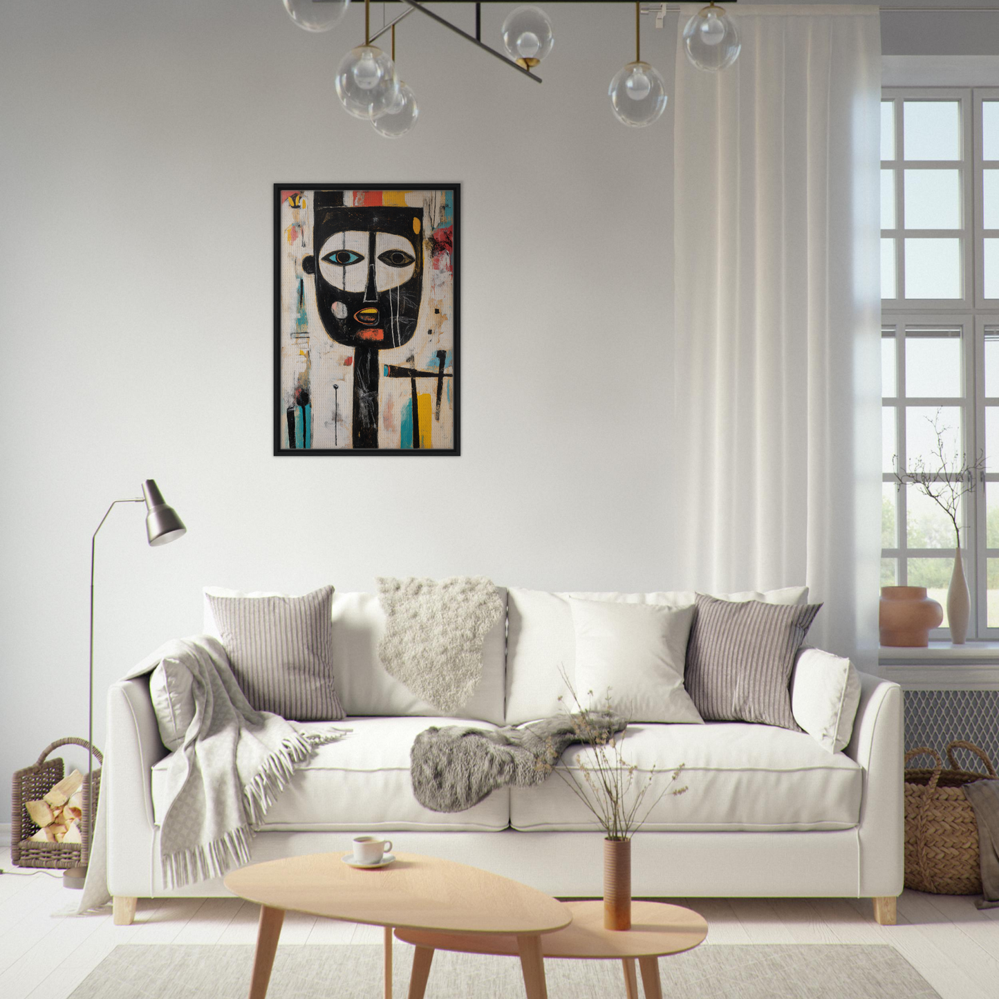 White sofa adorned with throw pillows and blankets featuring Brushstrokes Serenade design