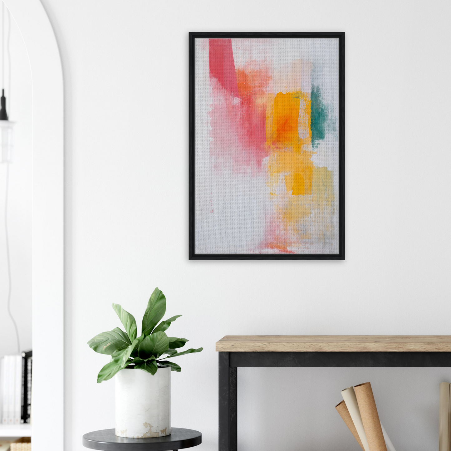 Abstract painting in soft pastel colors within a black frame for Brushstrokes Serenade Zen