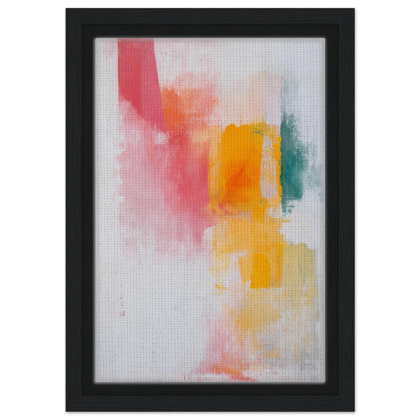 Abstract painting with vibrant pink, orange, yellow, and teal, framed for Brushstrokes Serenade Zen