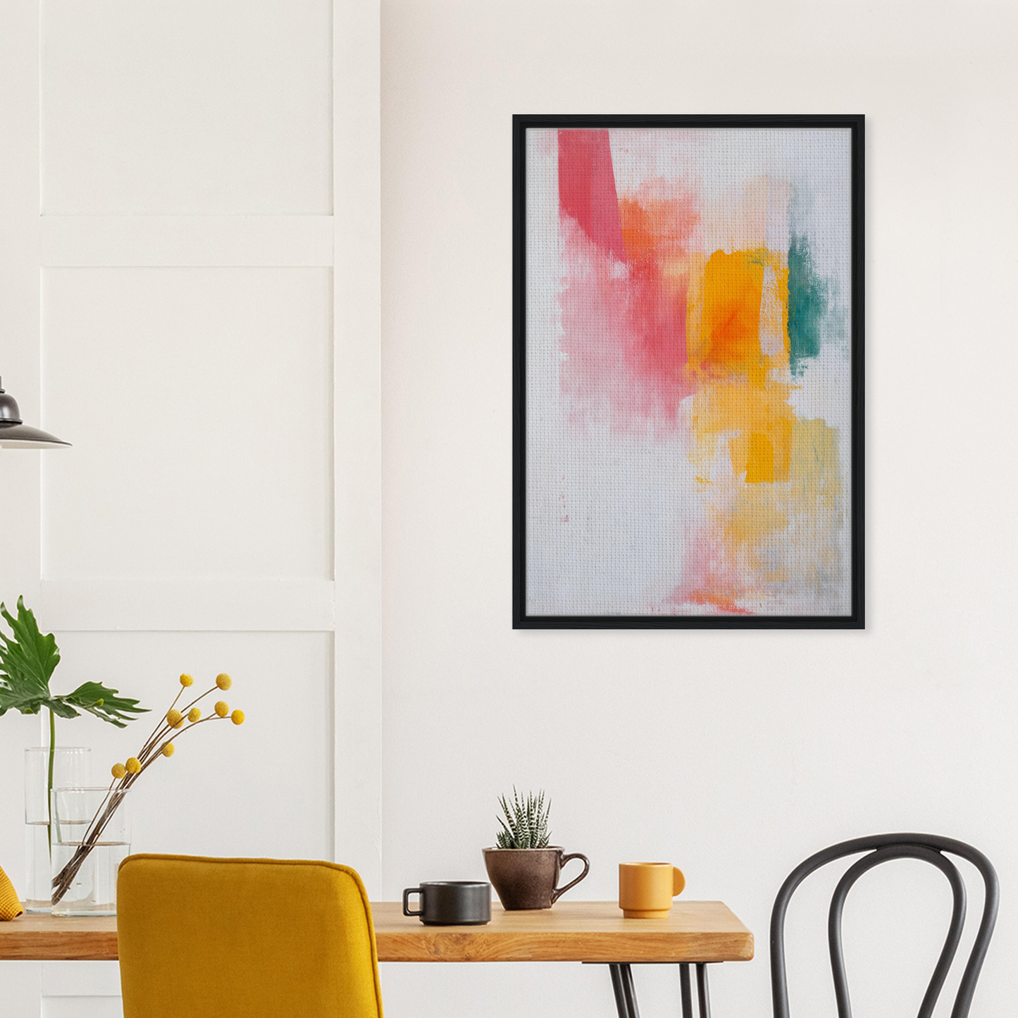 Abstract painting in soft pastels within a black frame for Brushstrokes Serenade Zen room decor
