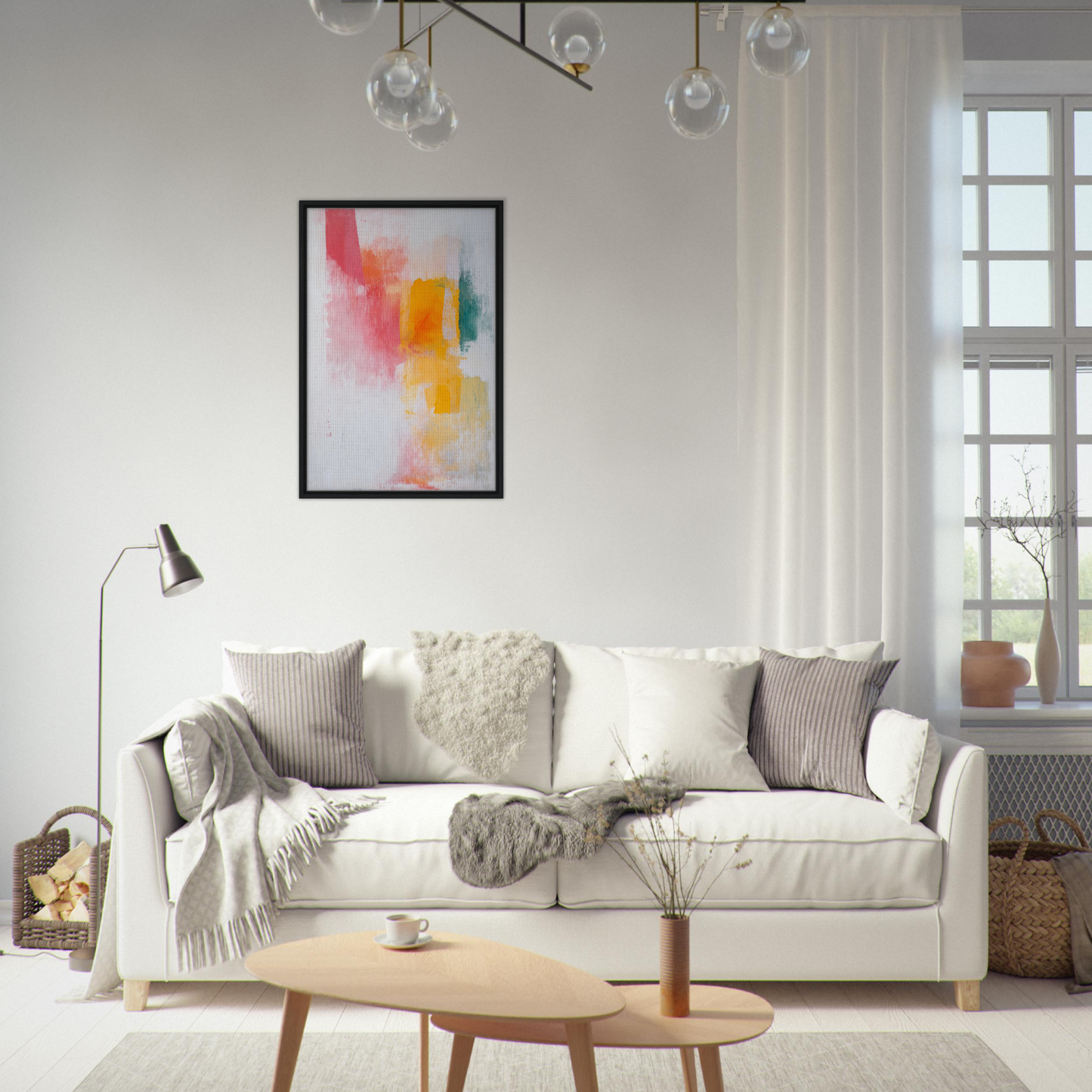White sofa adorned with throw pillows and blankets from Brushstrokes Serenade Zen room decor