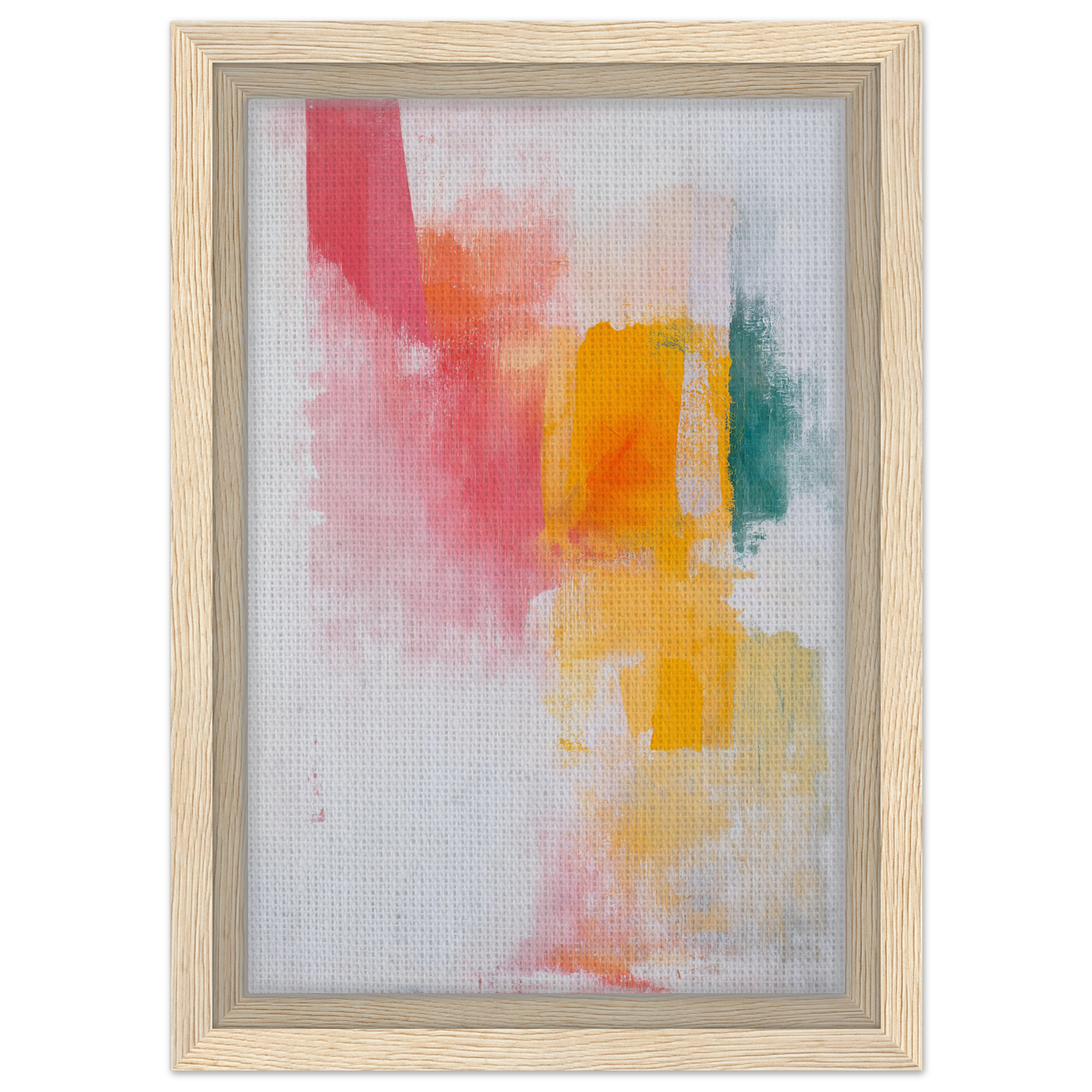 Abstract painting in soft pastels within a light wooden frame, Brushstrokes Serenade Zen