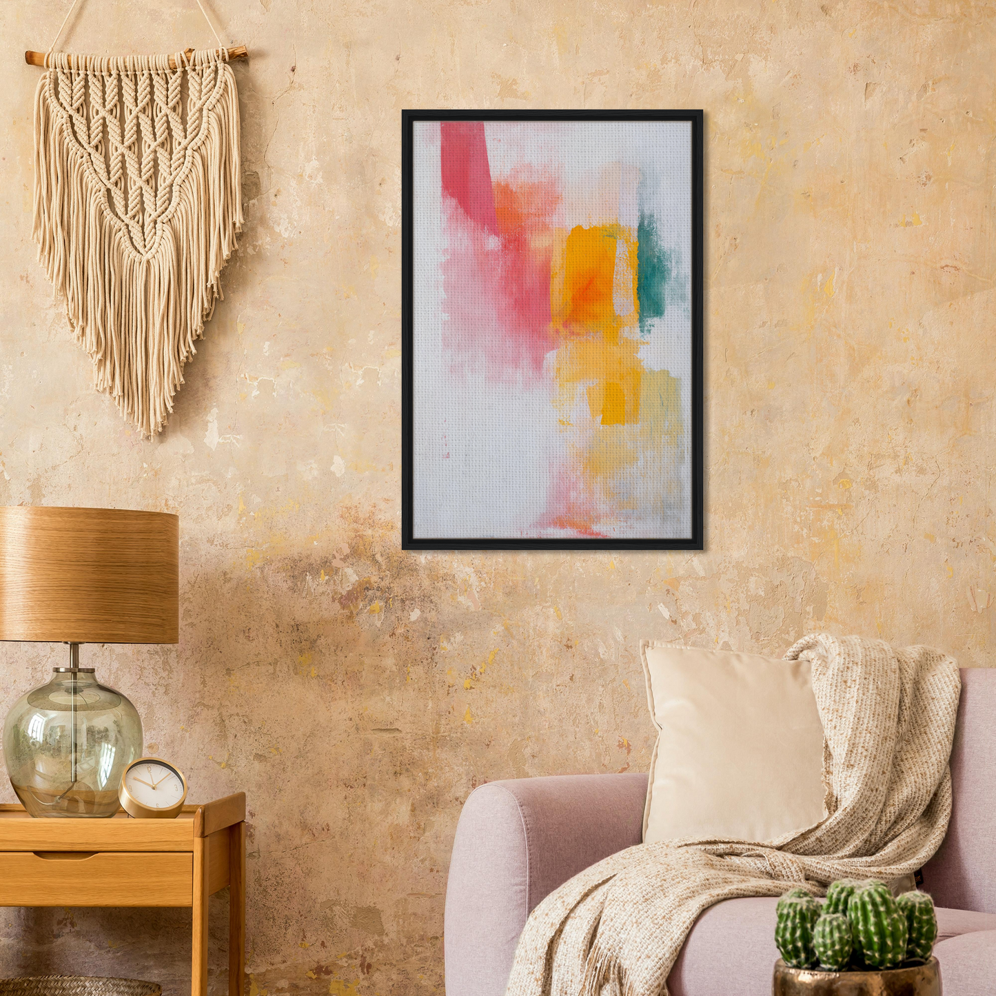Framed canvas print of Brushstrokes Serenade Zen with vibrant pink, yellow, and teal