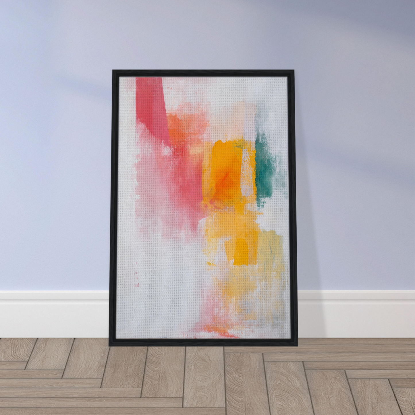 Framed canvas print of Brushstrokes Serenade Zen in soft pink, yellow, and teal