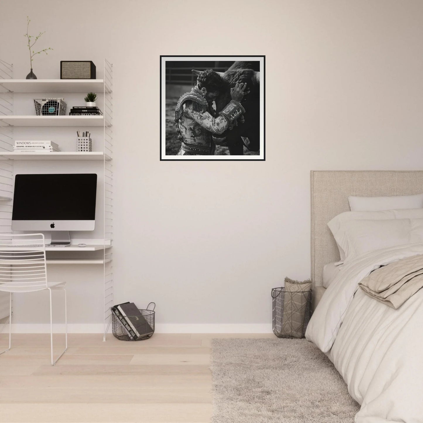 Minimalist bedroom featuring Bullring Reverie Communion art, iMac workstation, and shelves