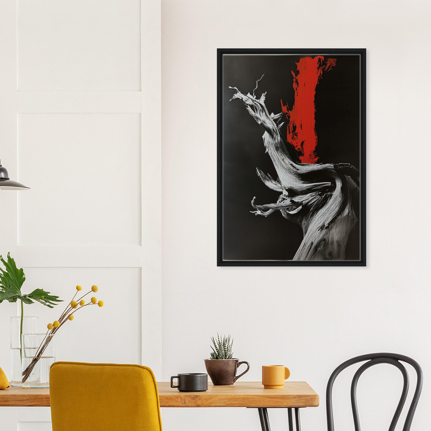 Framed abstract artwork of dynamic monochromatic figure with red accent for Burned Redwood Dreaming room decor