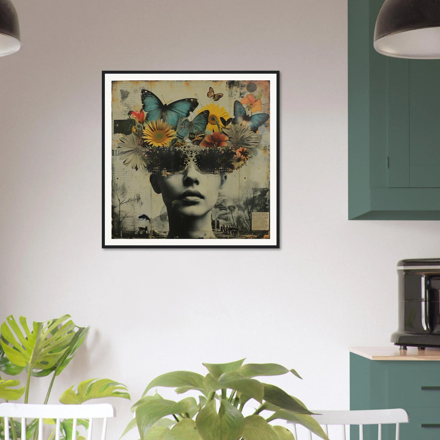 Artistic Butterfly Dream Visage with sunglasses and vibrant butterflies in a frame