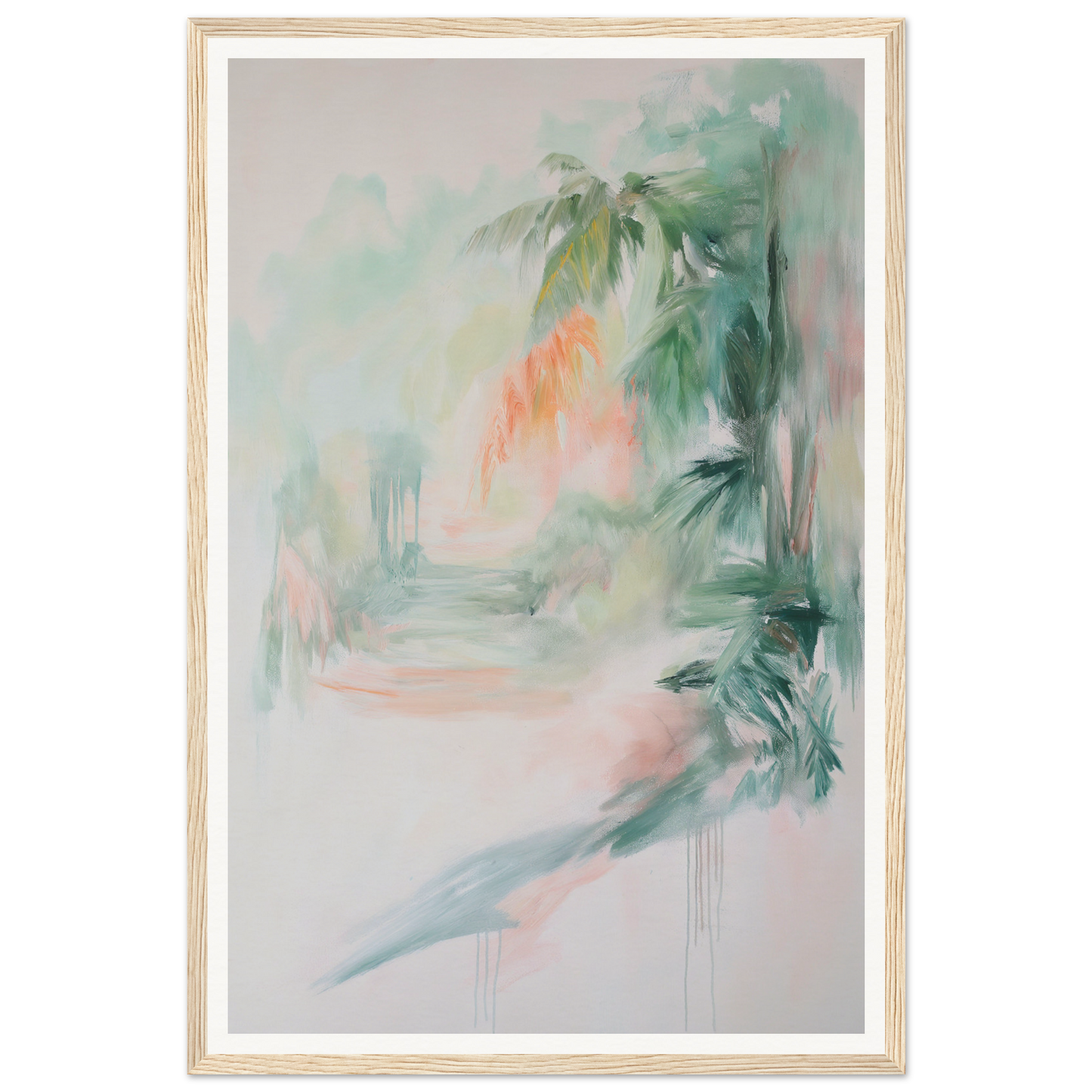 Framed wall art: abstract painting with blurred green and orange foliage in light wood.