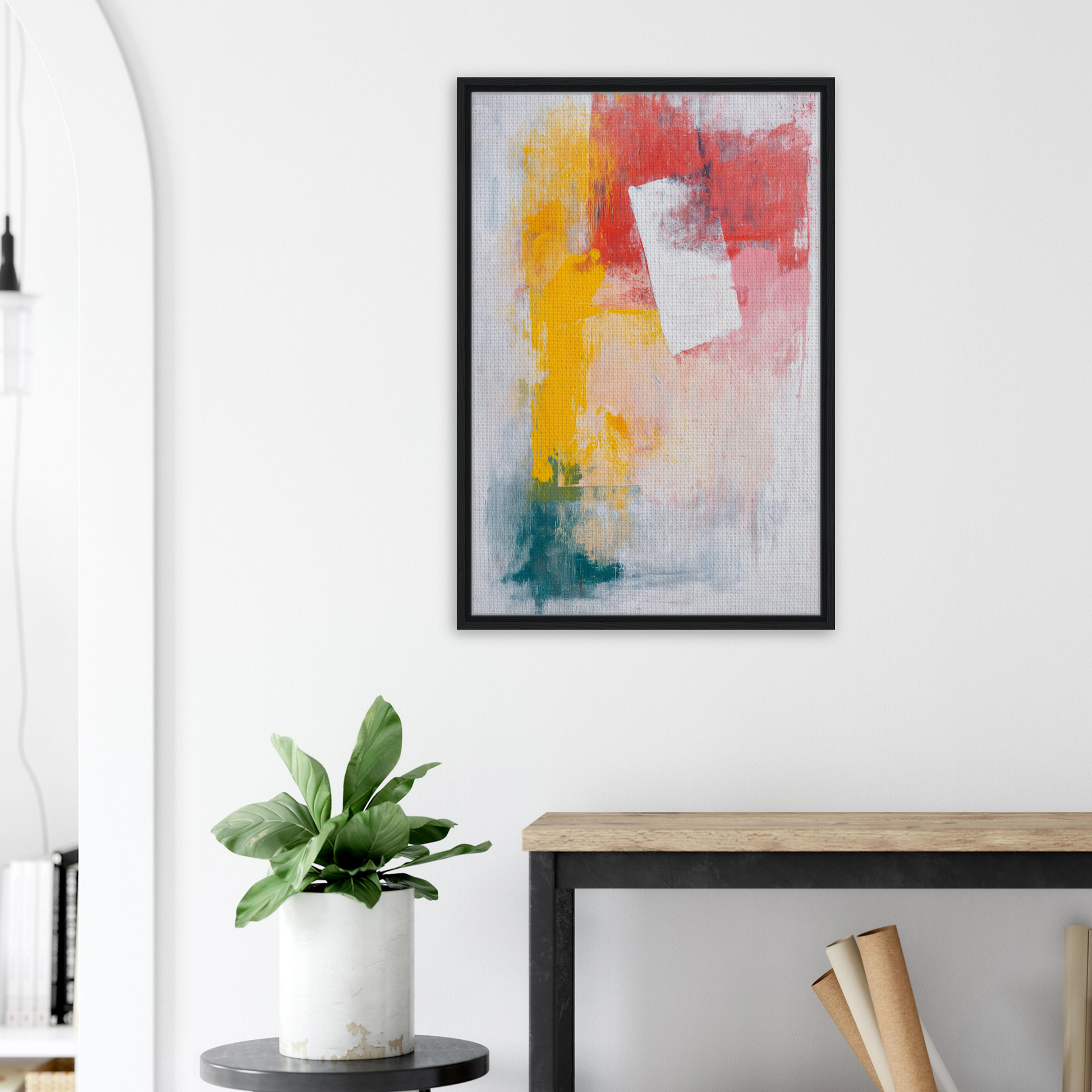 Abstract painting in vibrant yellow, red, and teal for Canvas Chaos Ballet room decor