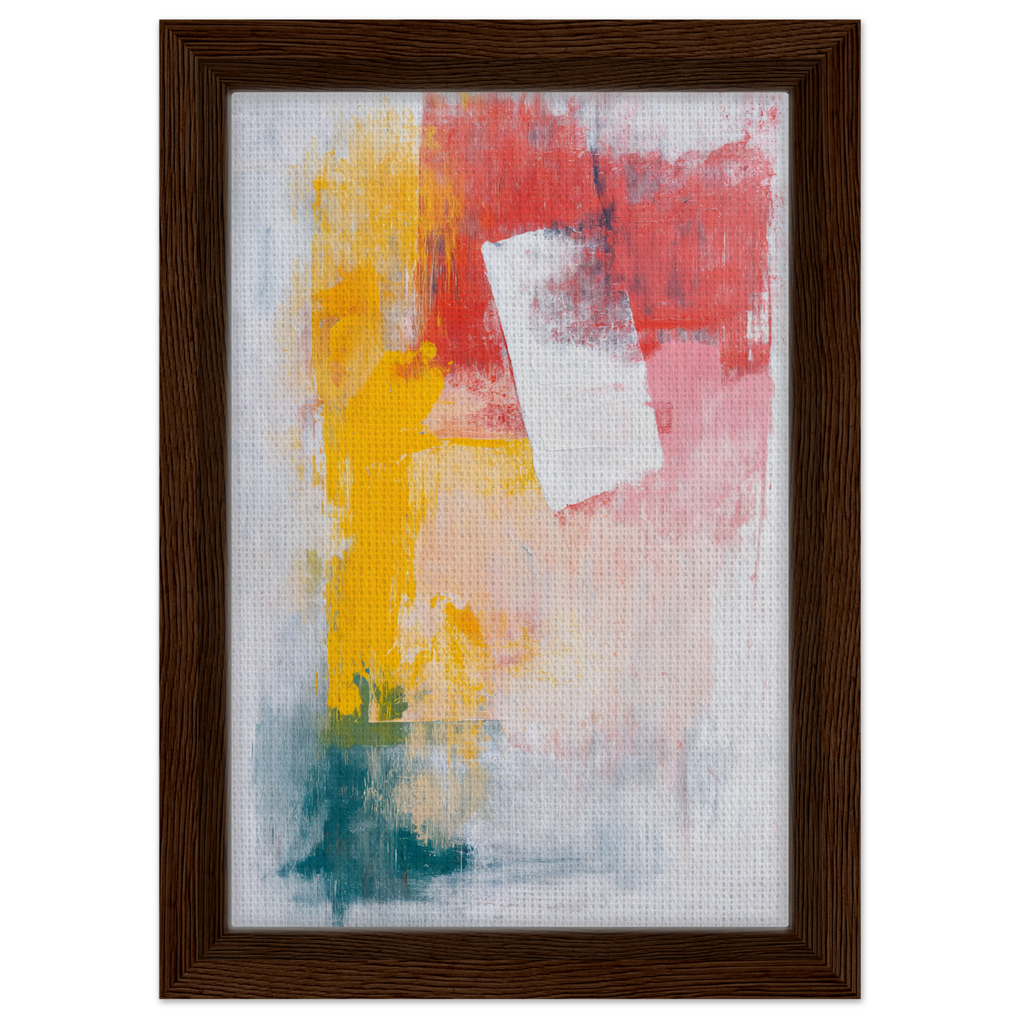 Vibrant Abstract Painting in Yellow, Red, and Teal on Light Background, Canvas Chaos Ballet framed