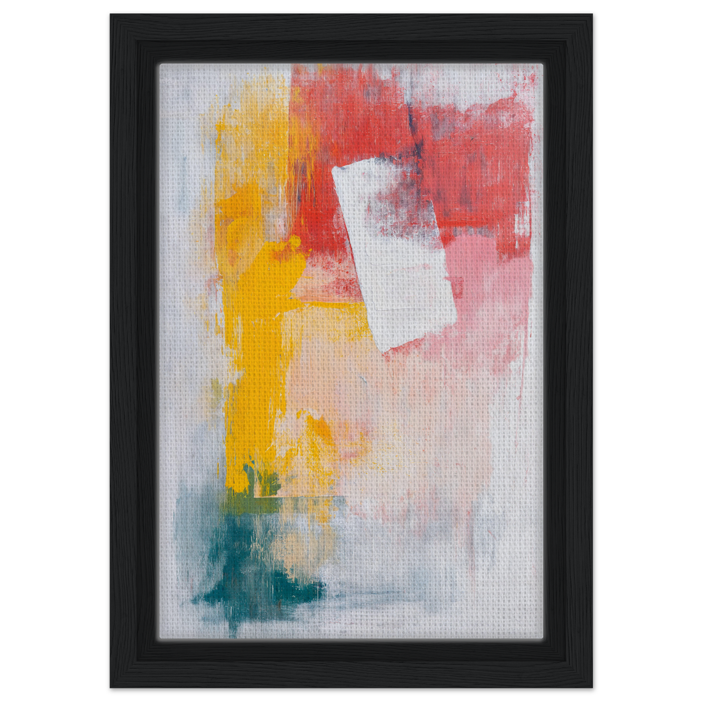 Abstract painting featuring vibrant yellow, red, and teal for Canvas Chaos Ballet room decor