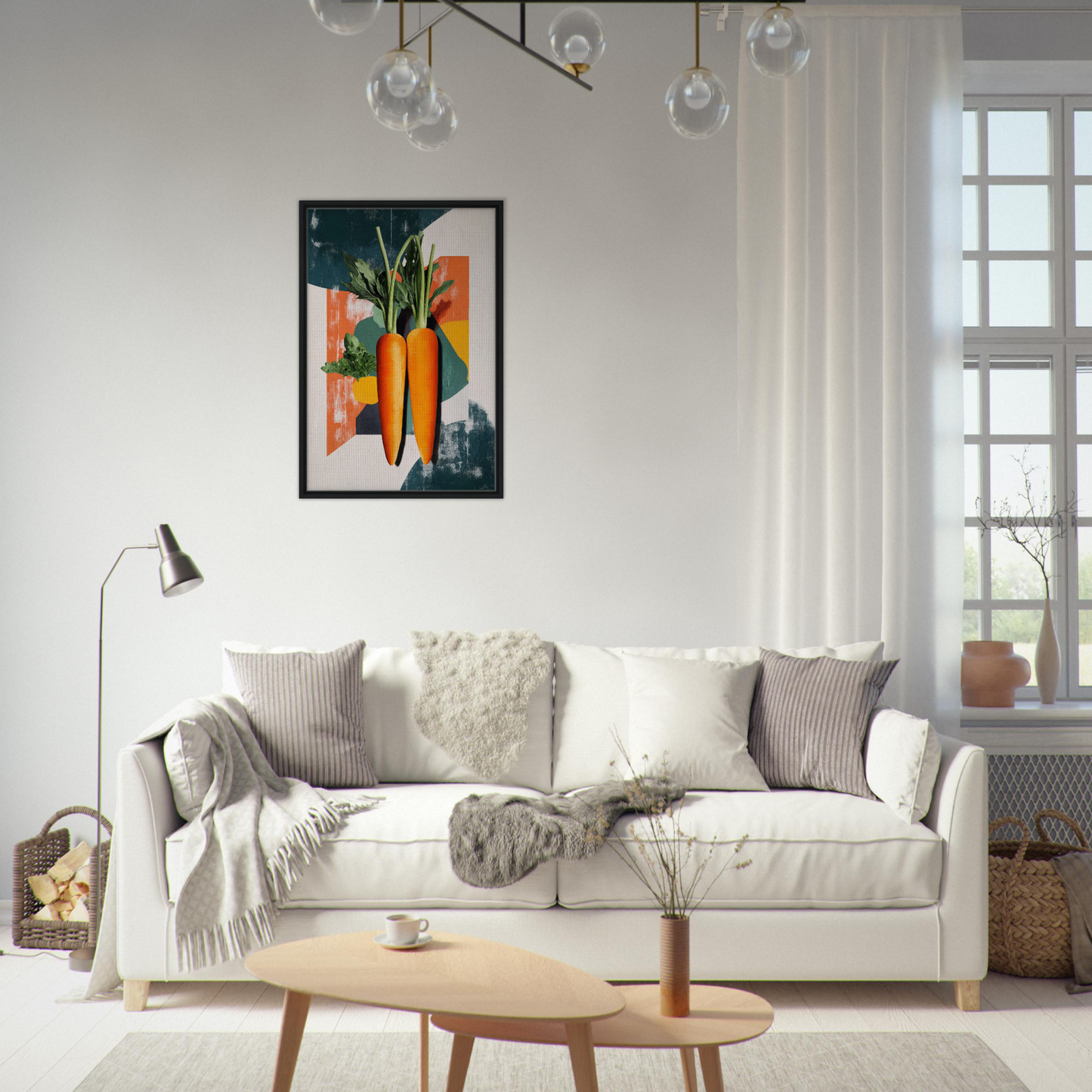 Stylish White Sofa with Throw Pillows and Blankets in Carrot Kaleidoscope Dreamscape Room Decor
