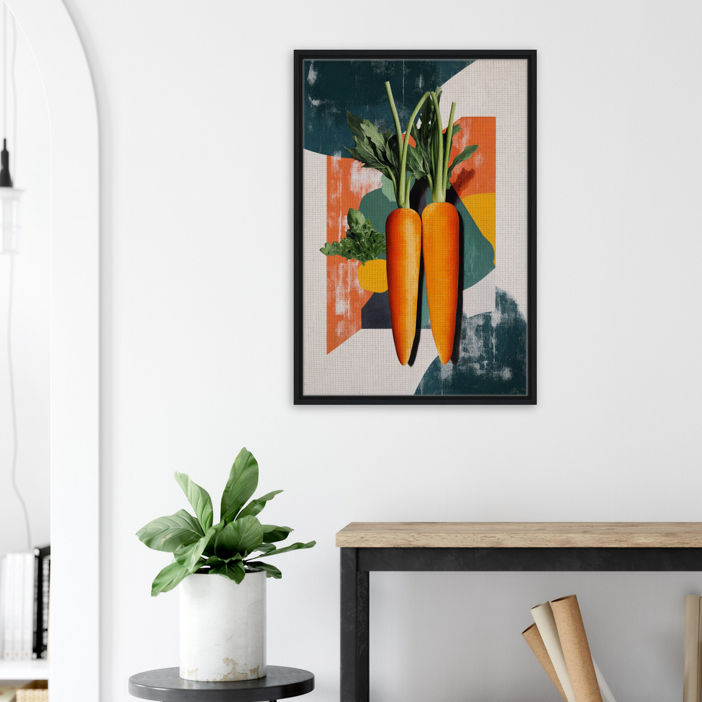 Framed canvas print of vibrant carrots in a colorful Carrot Kaleidoscope Dreamscape
