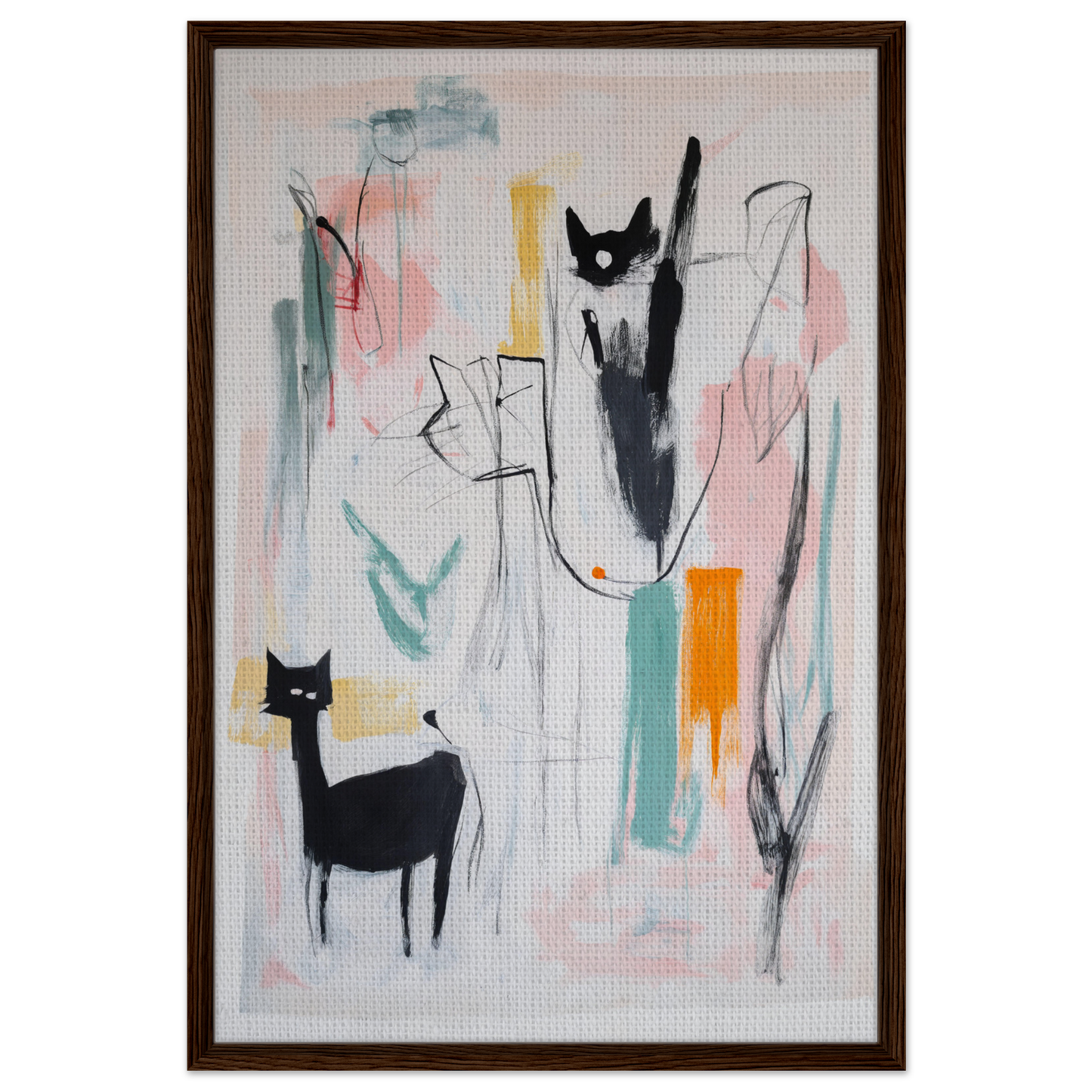 Abstract painting of cats collide cosmic with colorful geometric shapes for room decor