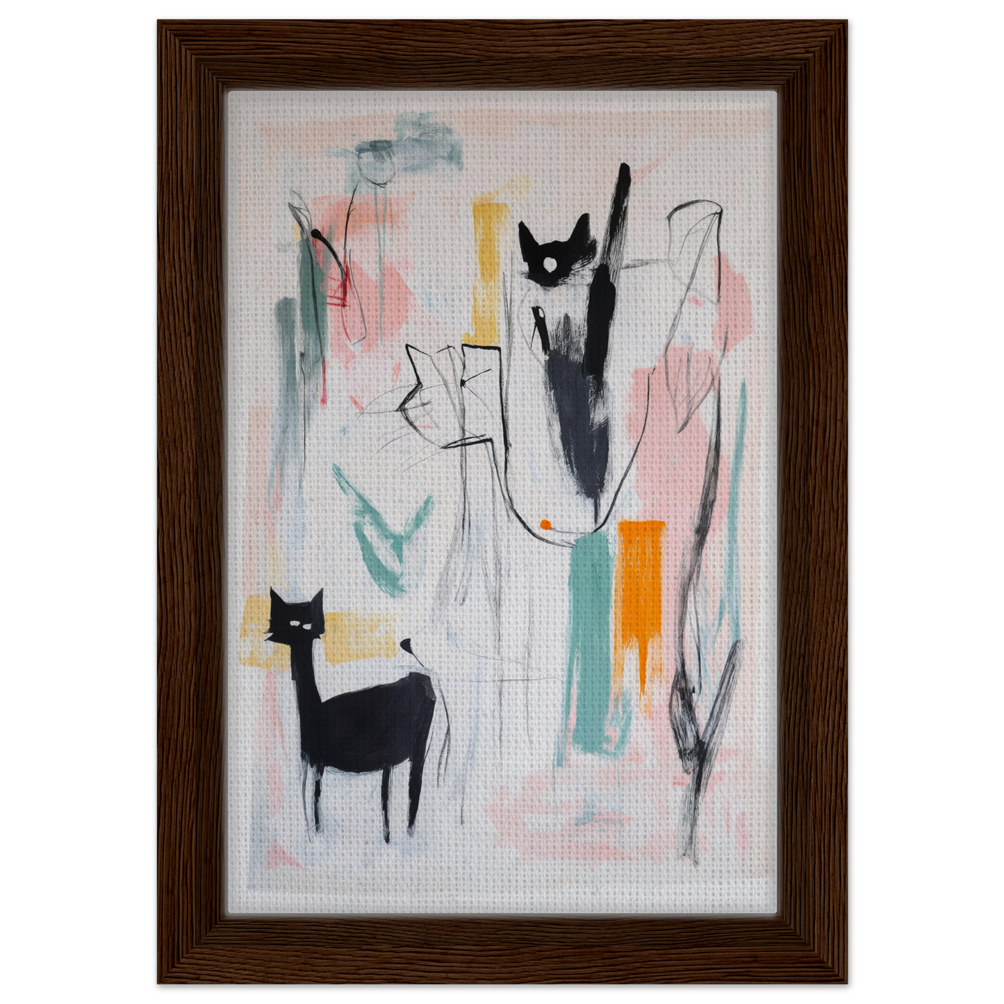 Abstract painting of black cats in vibrant shapes for Cats Collide Cosmic room decor