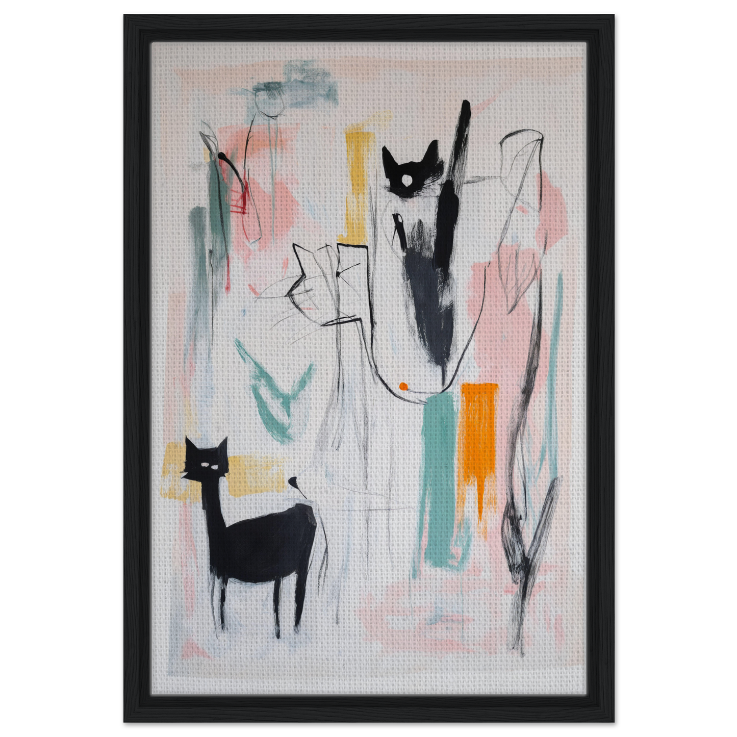 Abstract painting of stylized cat figures and colorful brushstrokes in Cats Collide Cosmic