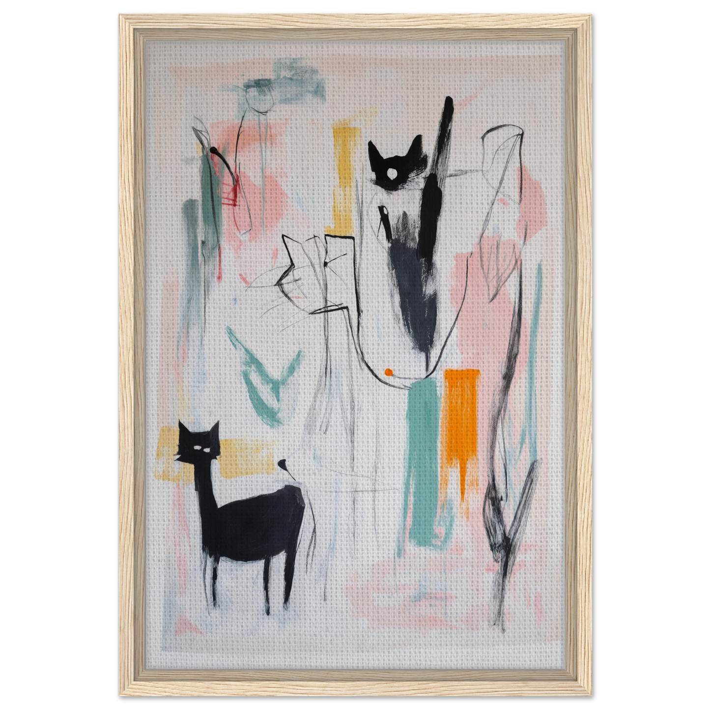 Abstract painting of stylized cats in vibrant brushstrokes, Cats Collide Cosmic room decor