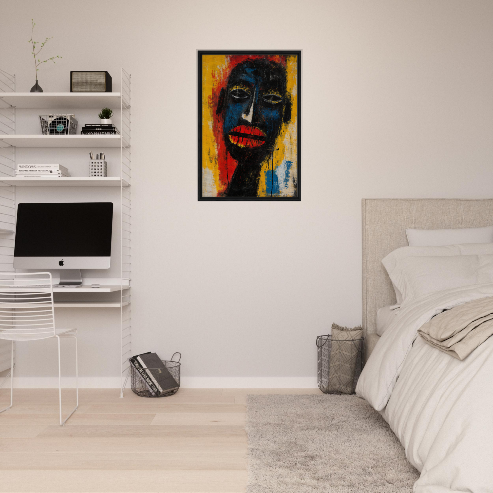 Vibrant abstract portrait painting in black frame, featuring Chaos Black Whisper design