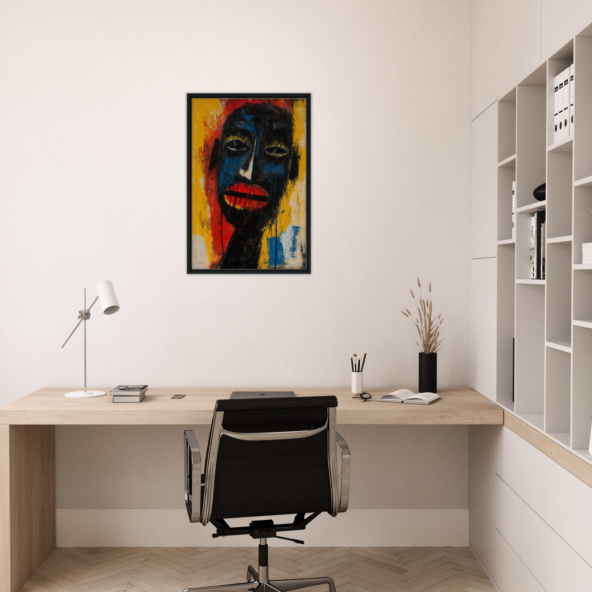 Vibrant abstract portrait painting titled Chaos Black Whisper enhancing room decor with dark brown finishes