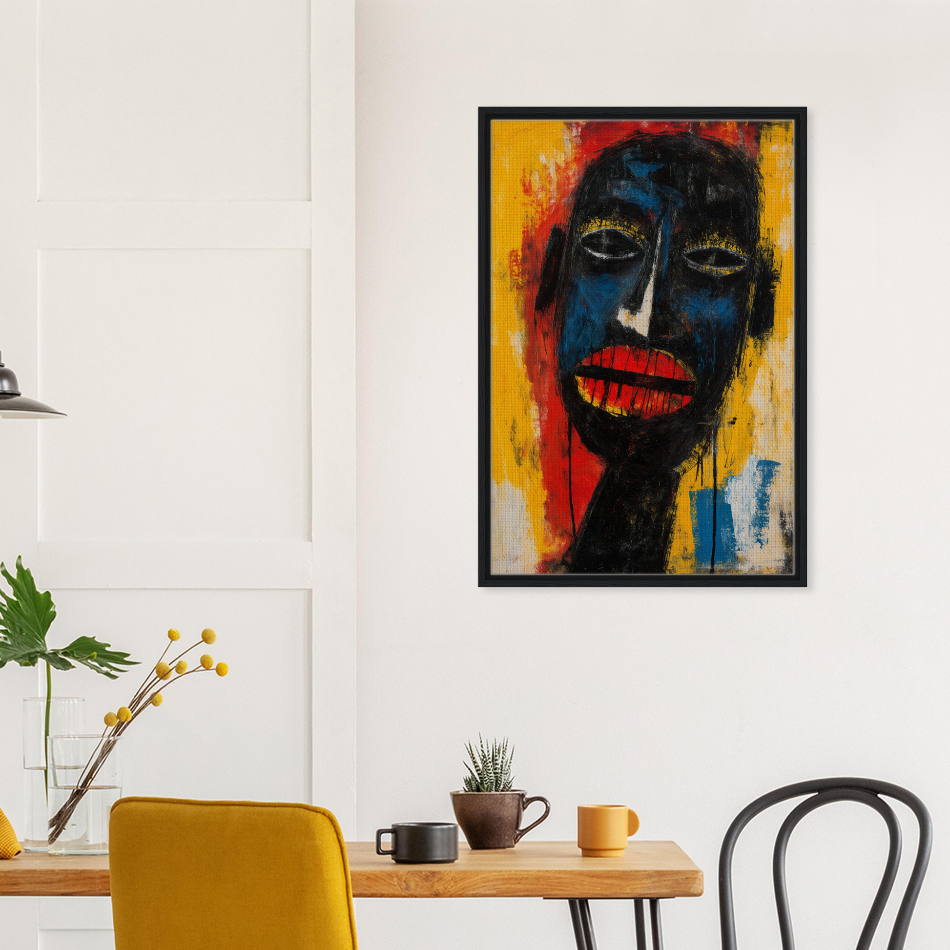 Vibrant abstract portrait painting in a black frame for stylish room decor, Chaos Black Whisper