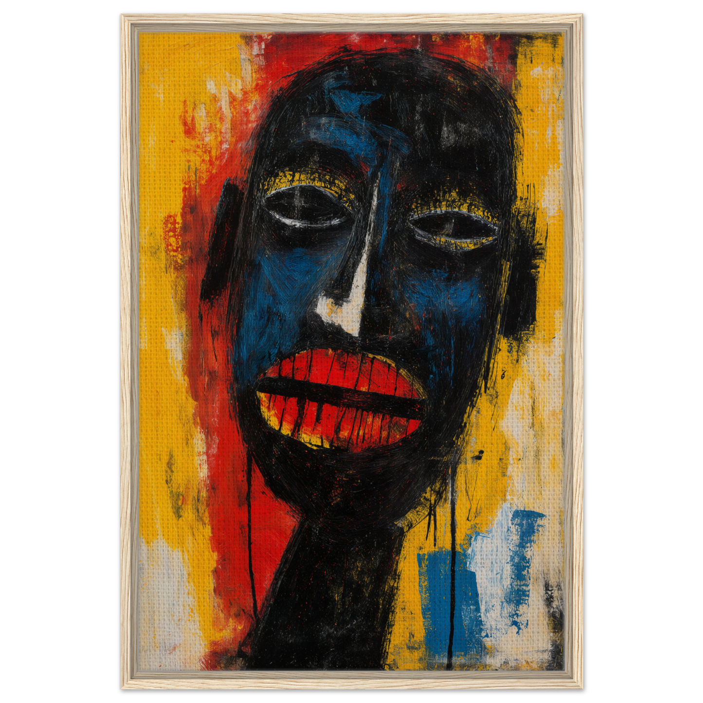 Expressionist portrait featuring bold colors in Chaos Black Whisper framed canvas print