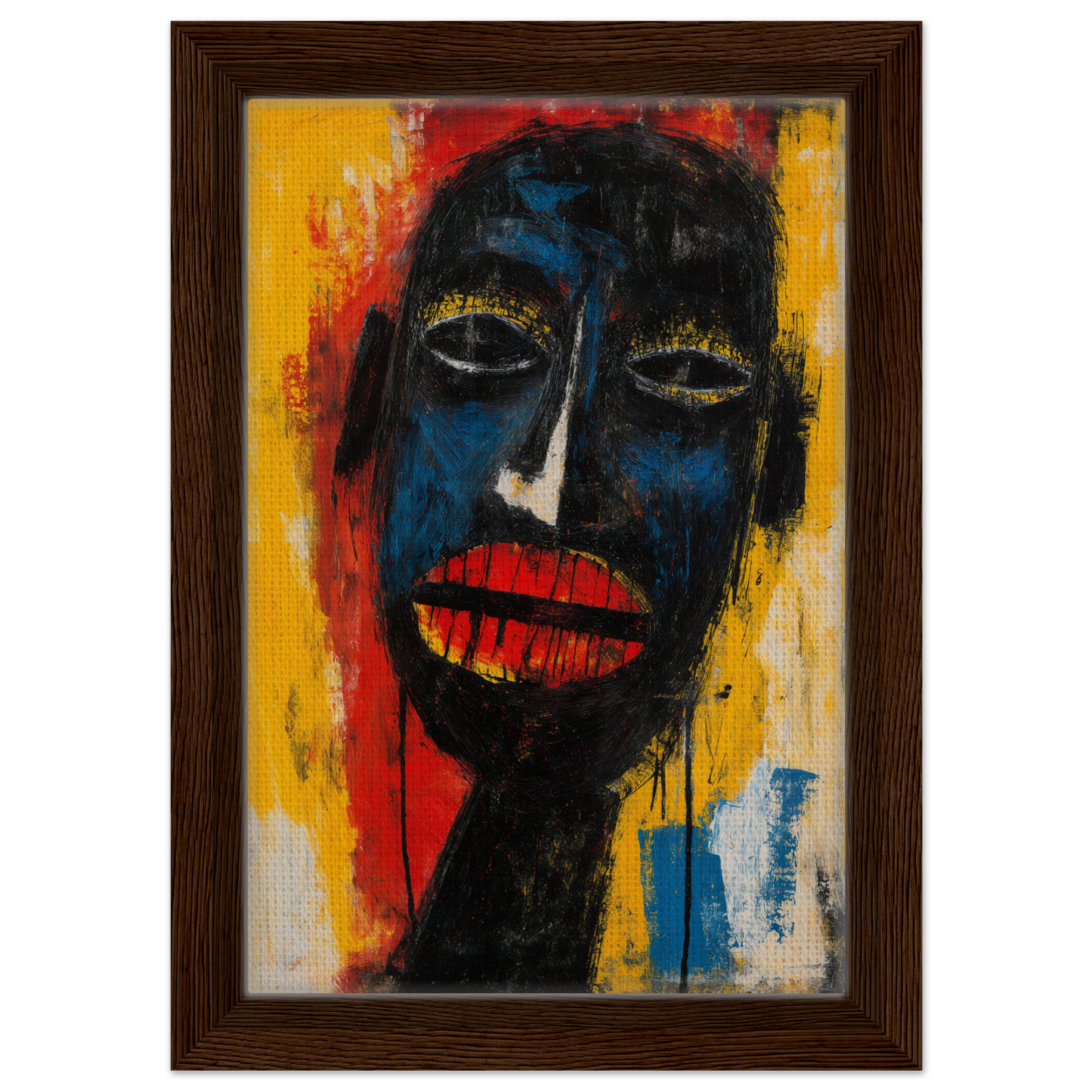 Expressionist portrait in vibrant colors on Chaos Black Whisper framed canvas print