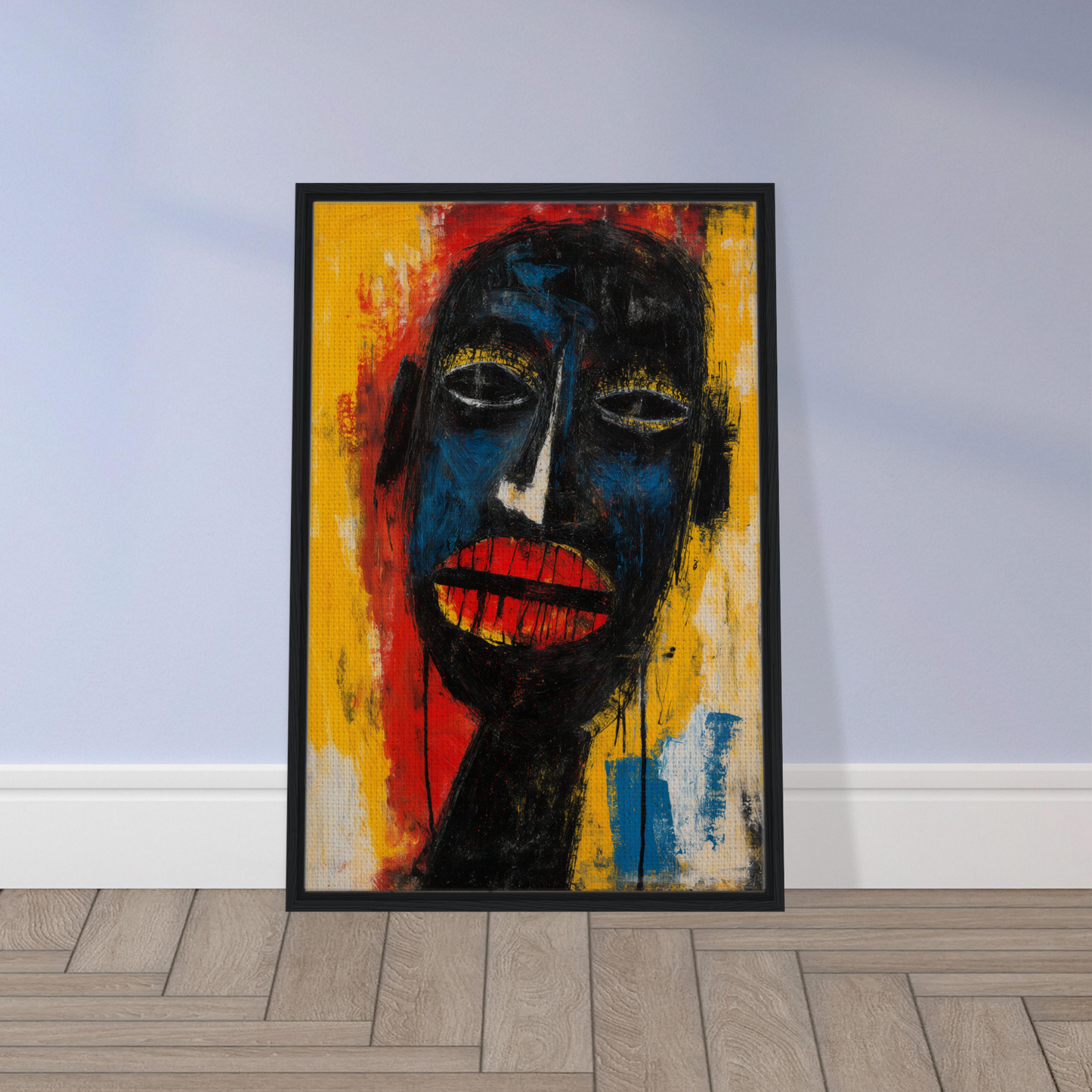 Colorful abstract portrait painting in a black frame, perfect for Chaos Black Whisper decor