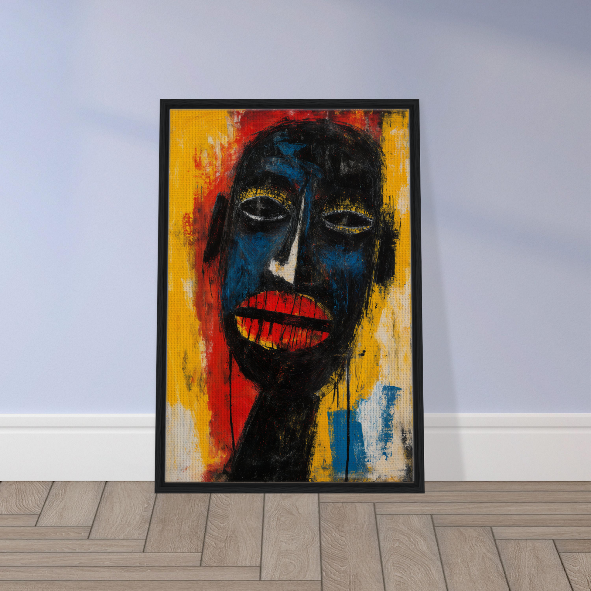 Colorful abstract portrait painting in a black frame, perfect for Chaos Black Whisper decor