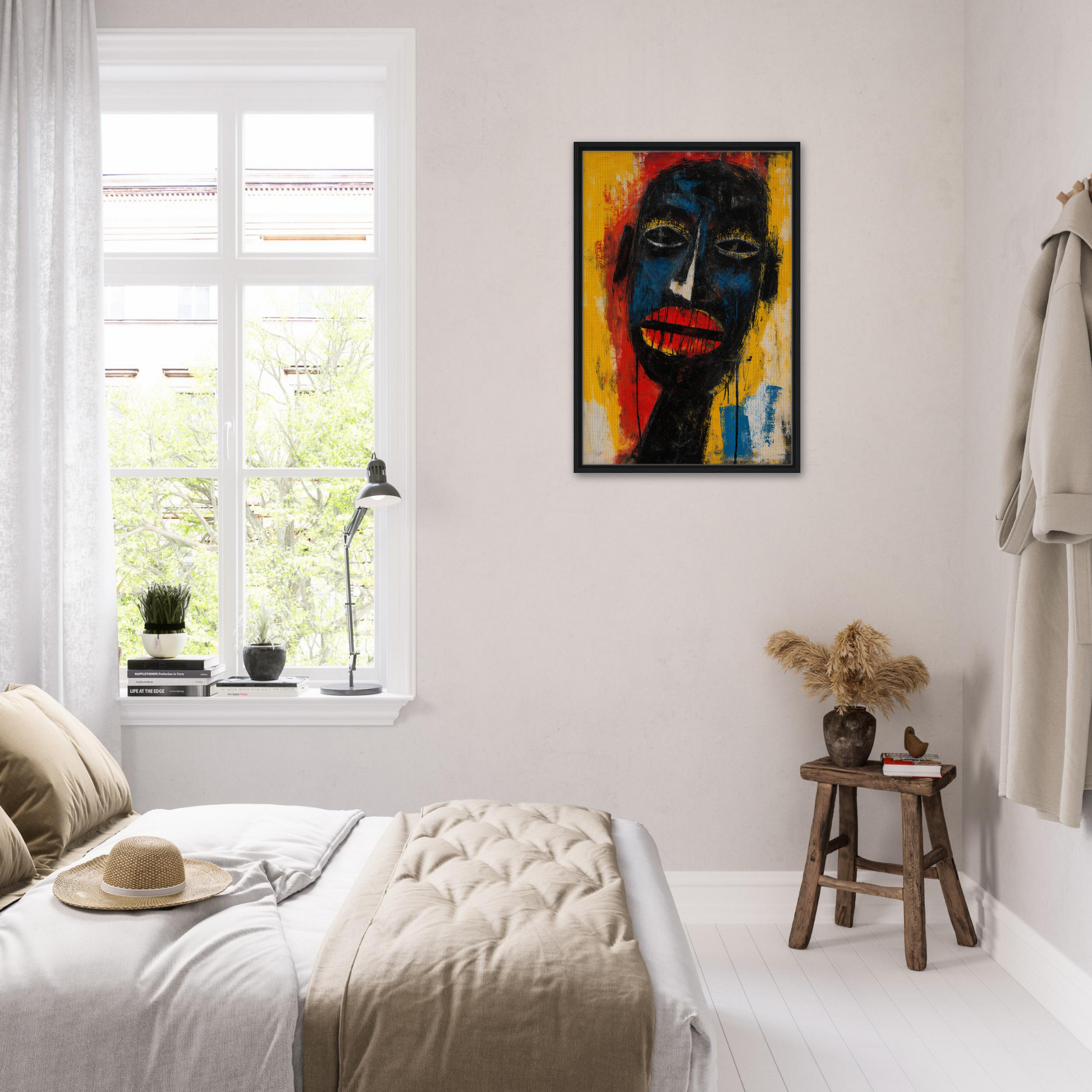 Bright abstract portrait painting in black frame enhancing Chaos Black Whisper room decor