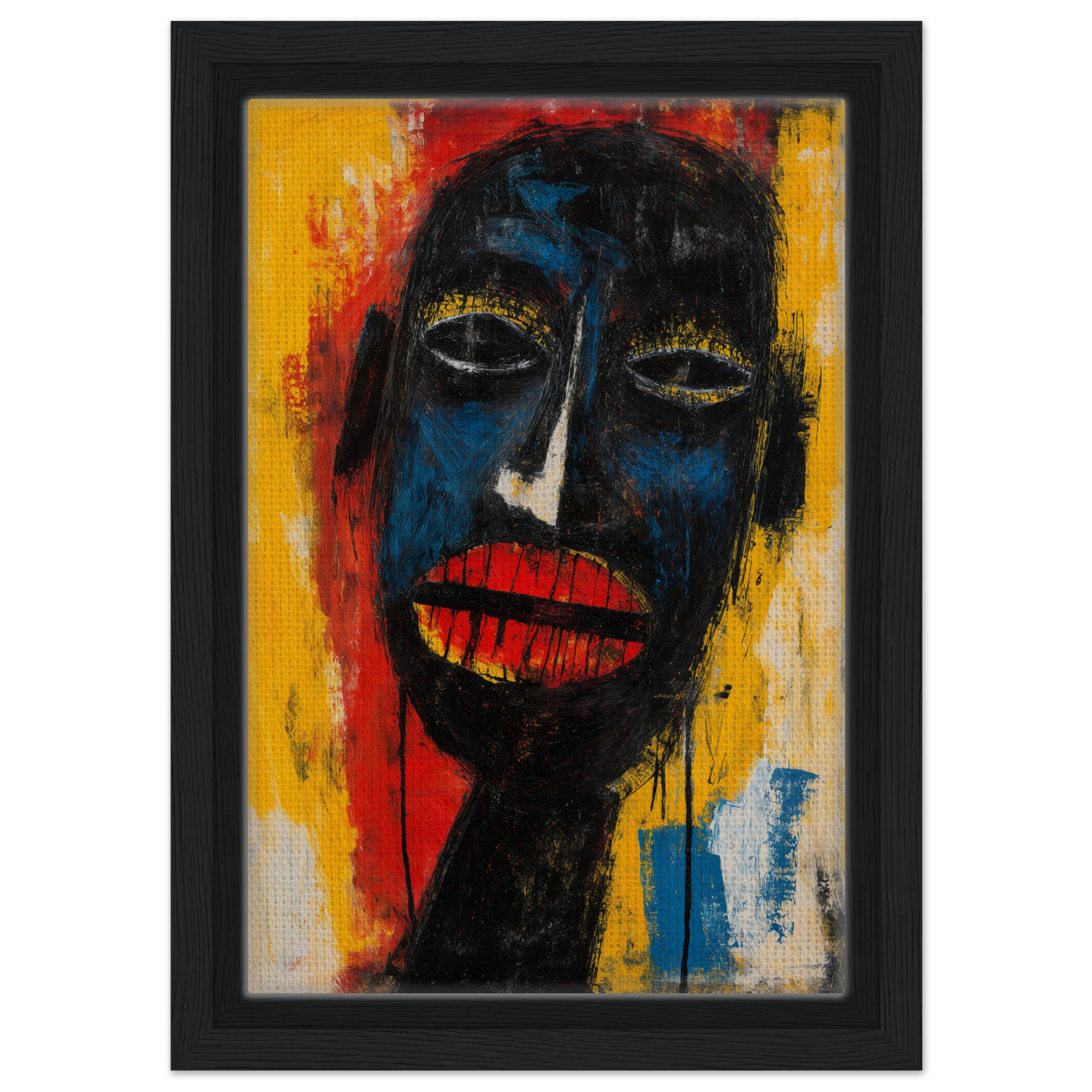 Vibrant abstract portrait with dark brown finishes in Chaos Black Whisper framed canvas print