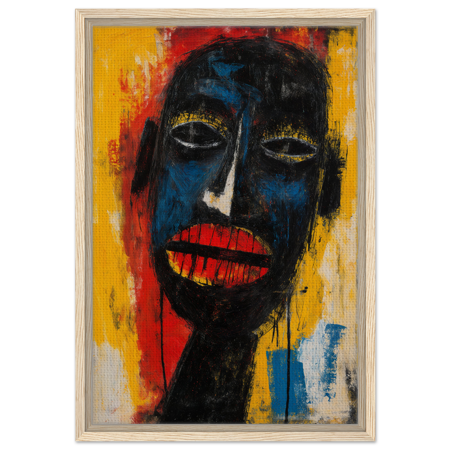 Stylized portrait featuring bold colors and exaggerated features on Chaos Black Whisper framed canvas print